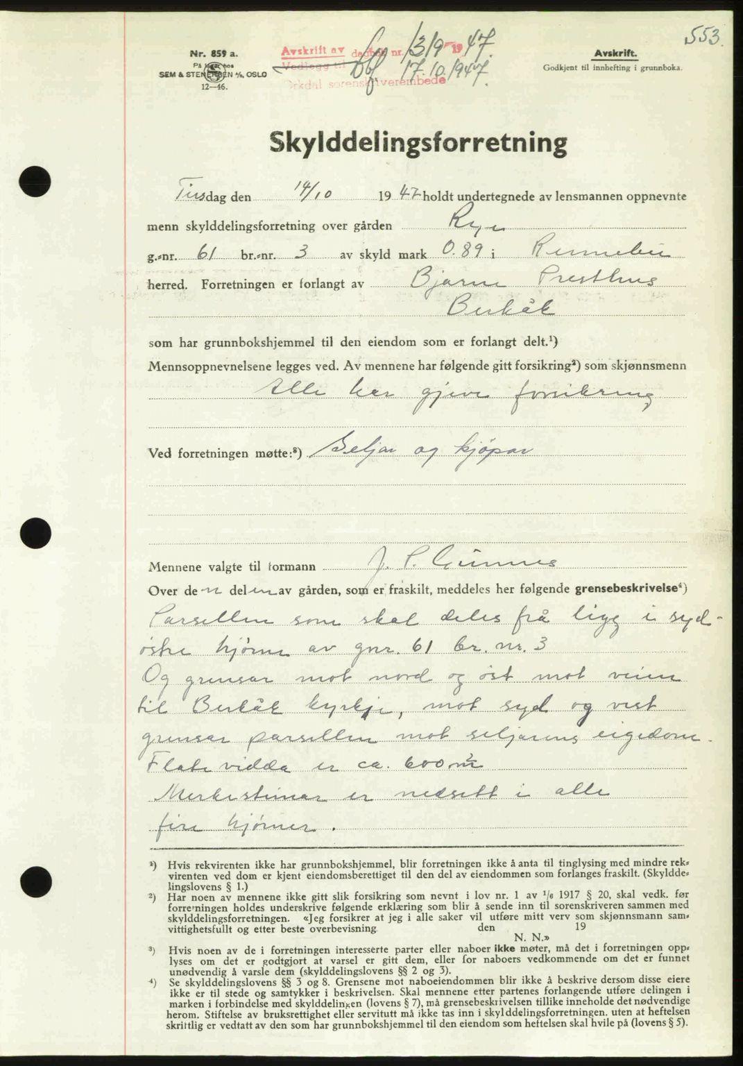 Orkdal sorenskriveri, SAT/A-4169/1/2/2C: Pantebok nr. A, 1947-1947, Dagboknr: 1319/1947