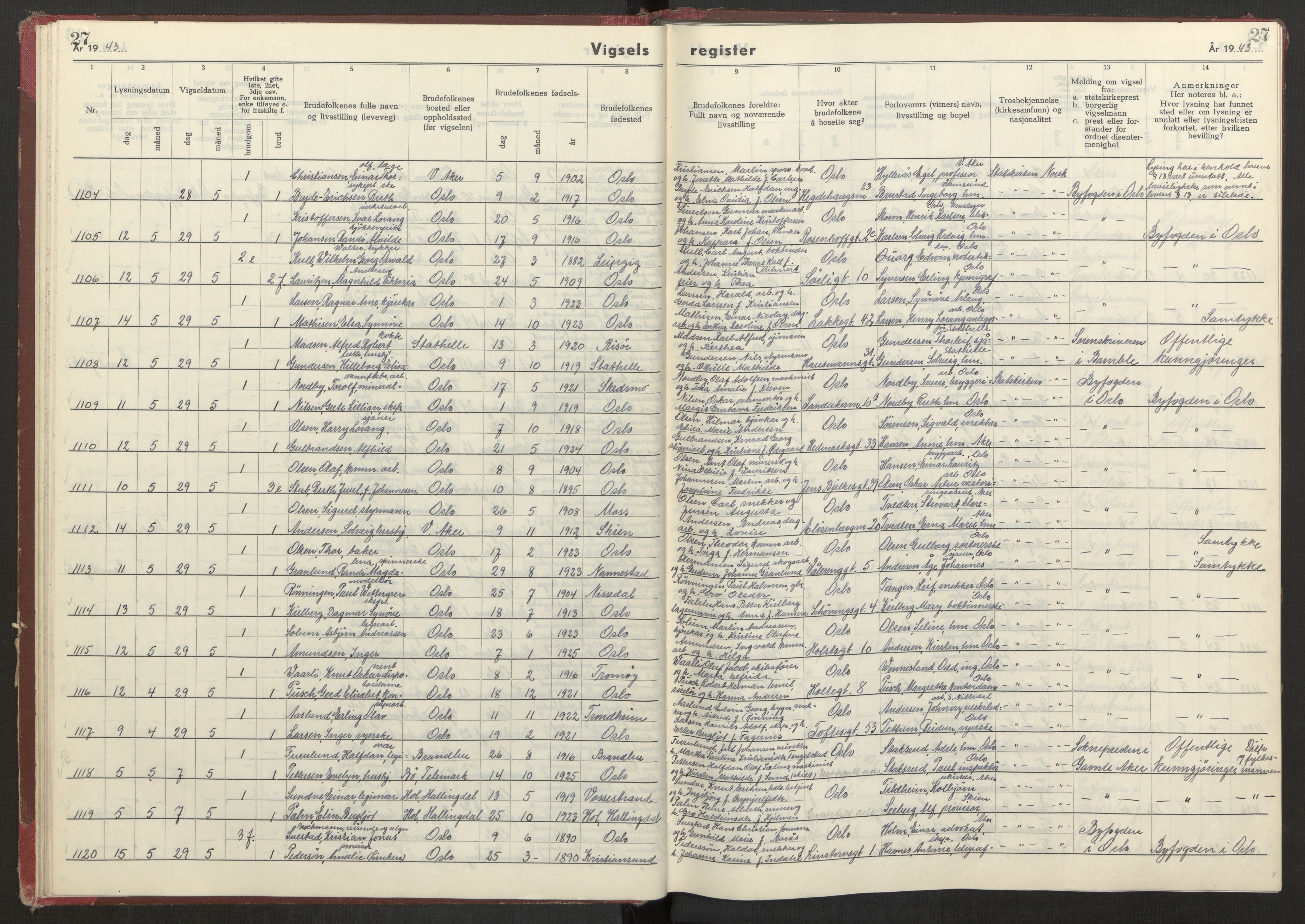 Oslo folkeregister, AV/SAO-A-10991/G/Ga/L0004: Vigselsregister for Oslo, 1943-1944, s. 27