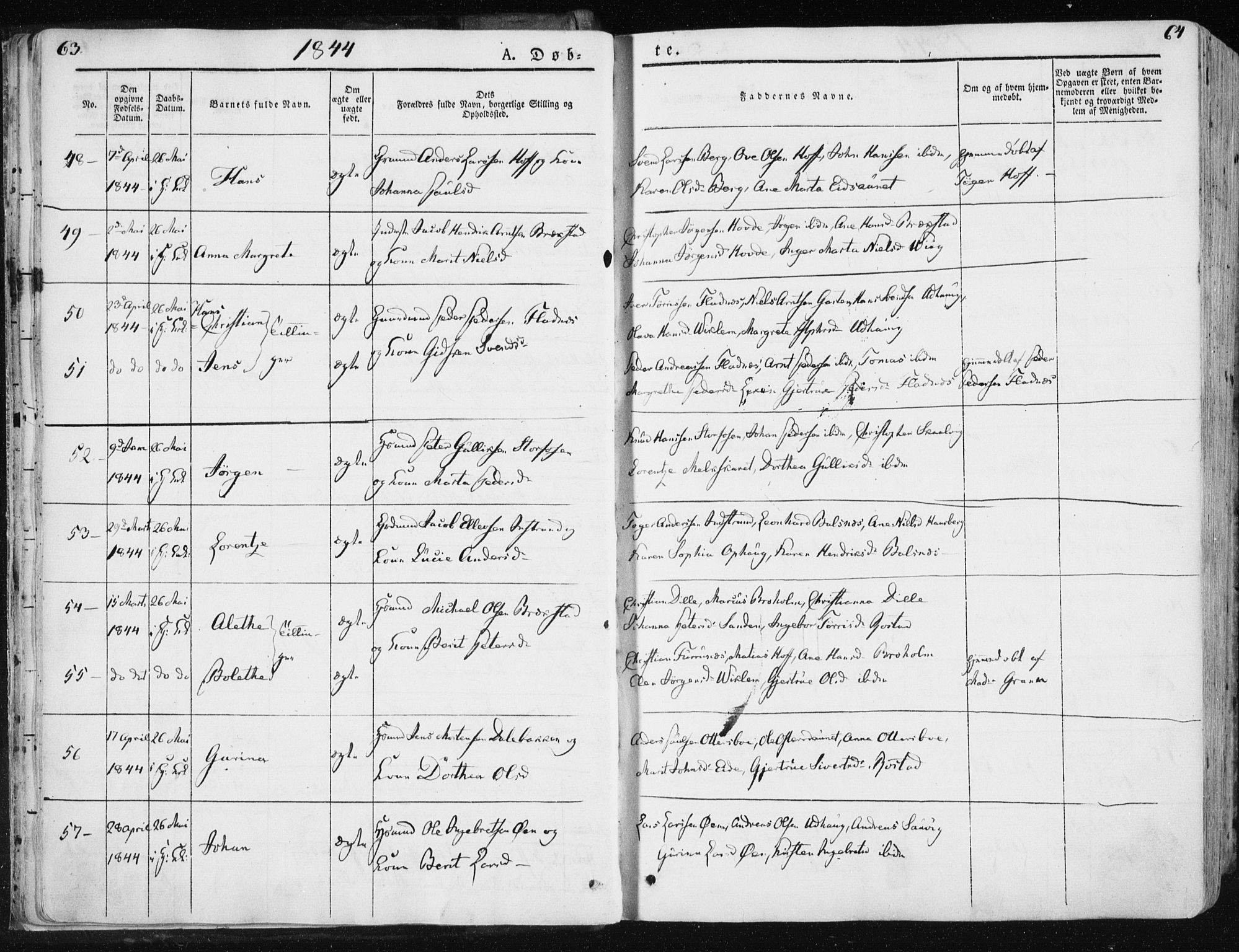 Ministerialprotokoller, klokkerbøker og fødselsregistre - Sør-Trøndelag, SAT/A-1456/659/L0736: Ministerialbok nr. 659A06, 1842-1856, s. 63-64
