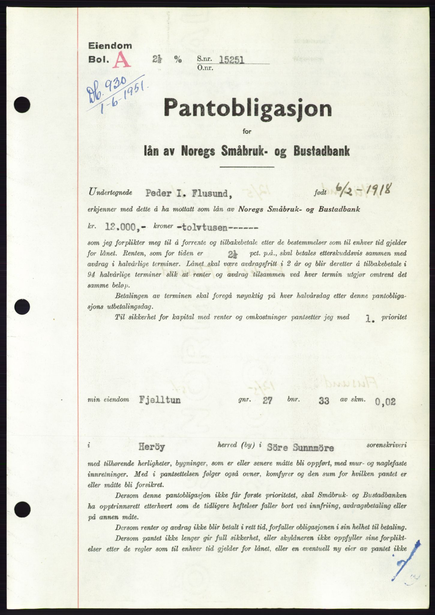 Søre Sunnmøre sorenskriveri, SAT/A-4122/1/2/2C/L0120: Pantebok nr. 8B, 1951-1951, Dagboknr: 930/1951