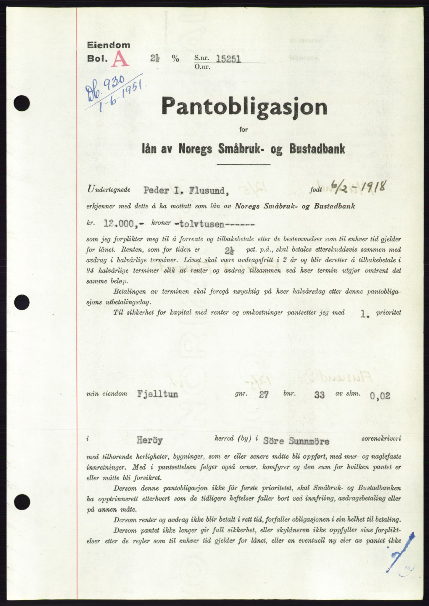 Søre Sunnmøre sorenskriveri, AV/SAT-A-4122/1/2/2C/L0120: Pantebok nr. 8B, 1951-1951, Dagboknr: 930/1951
