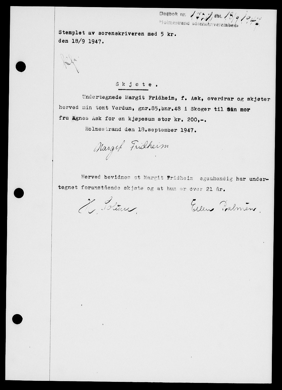 Holmestrand sorenskriveri, SAKO/A-67/G/Ga/Gaa/L0062: Pantebok nr. A-62, 1947-1947, Dagboknr: 1721/1947