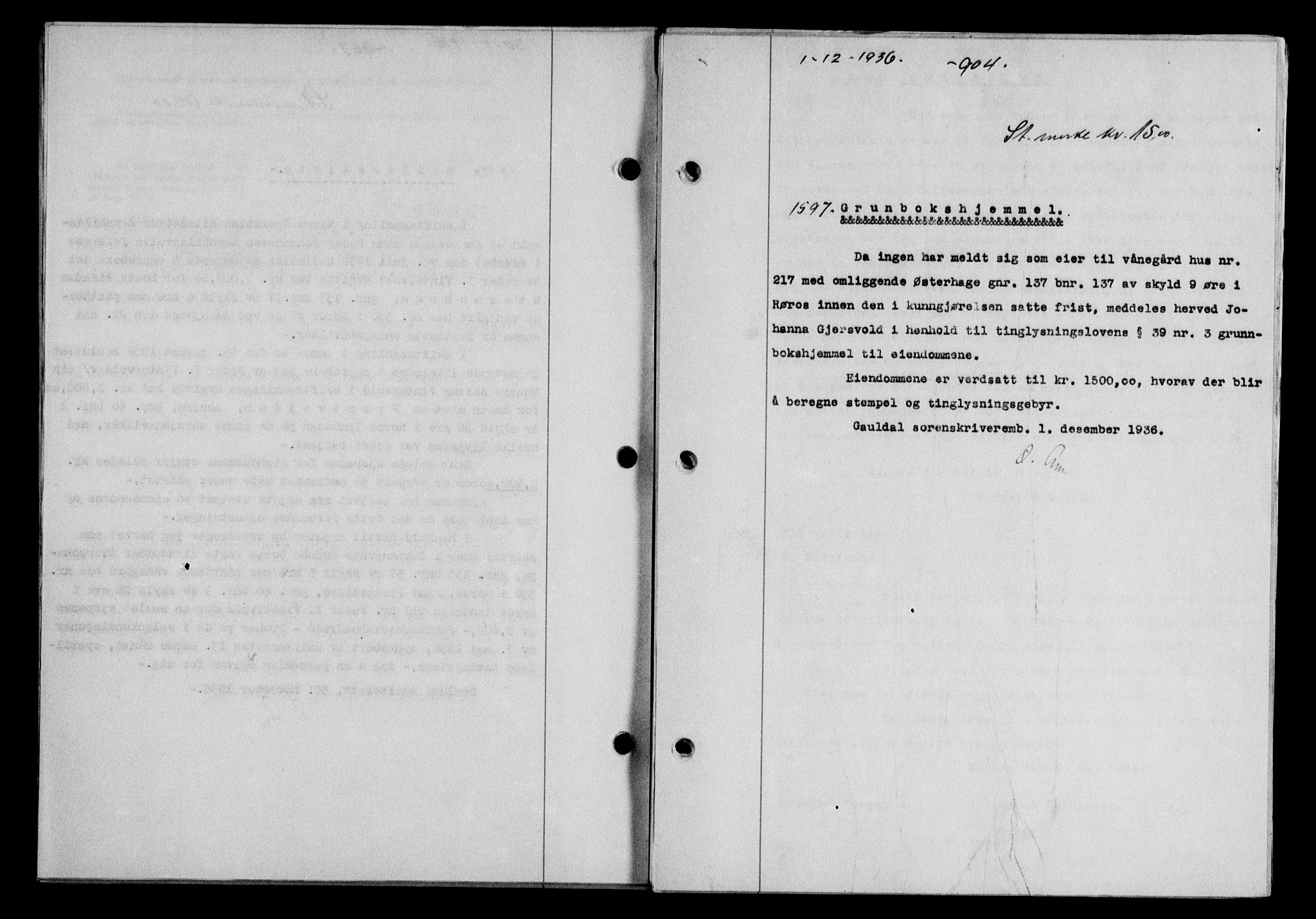Gauldal sorenskriveri, SAT/A-0014/1/2/2C/L0046: Pantebok nr. 49-50, 1936-1937, Dagboknr: 1597/1936