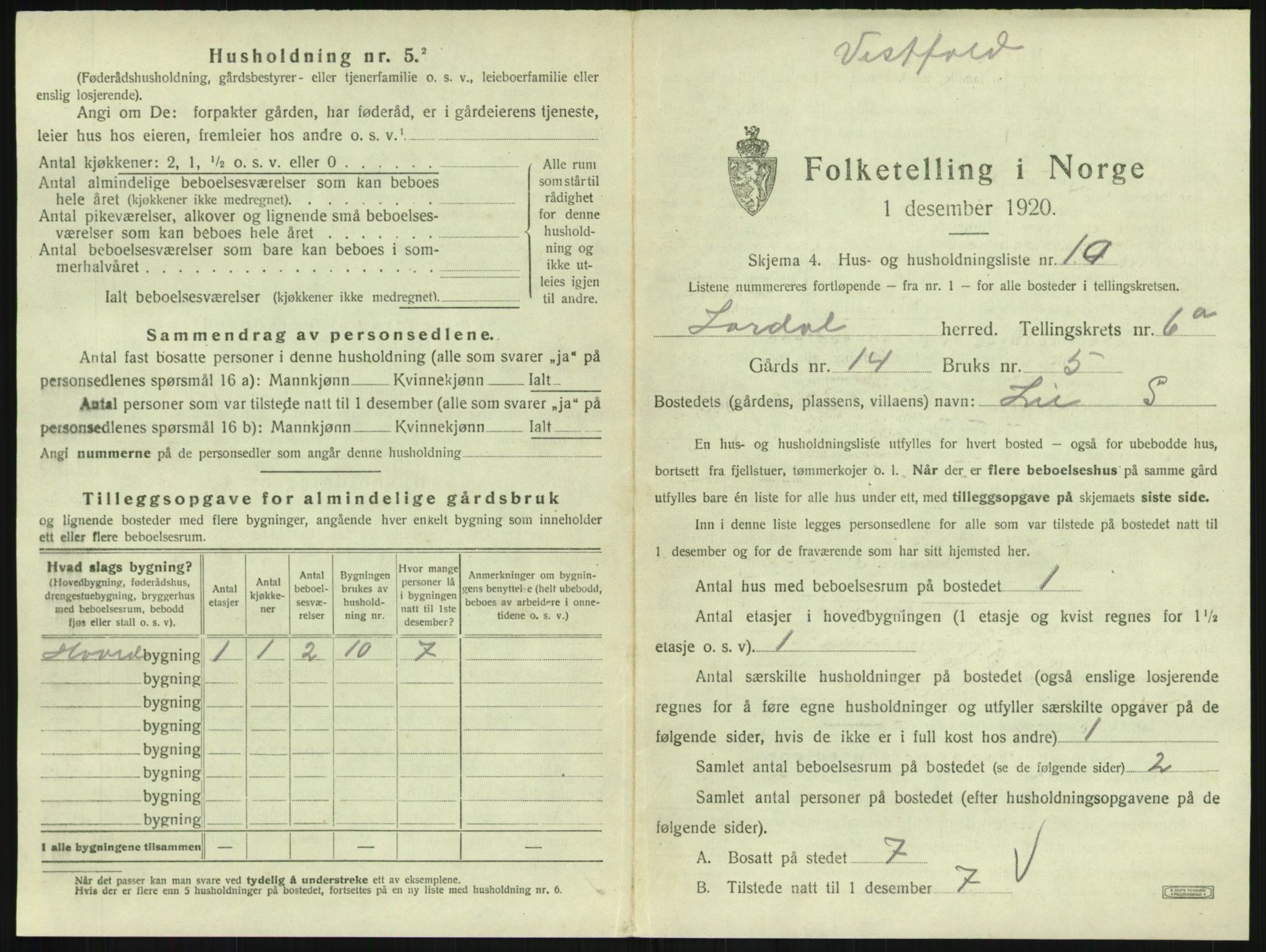 SAKO, Folketelling 1920 for 0728 Lardal herred, 1920, s. 891