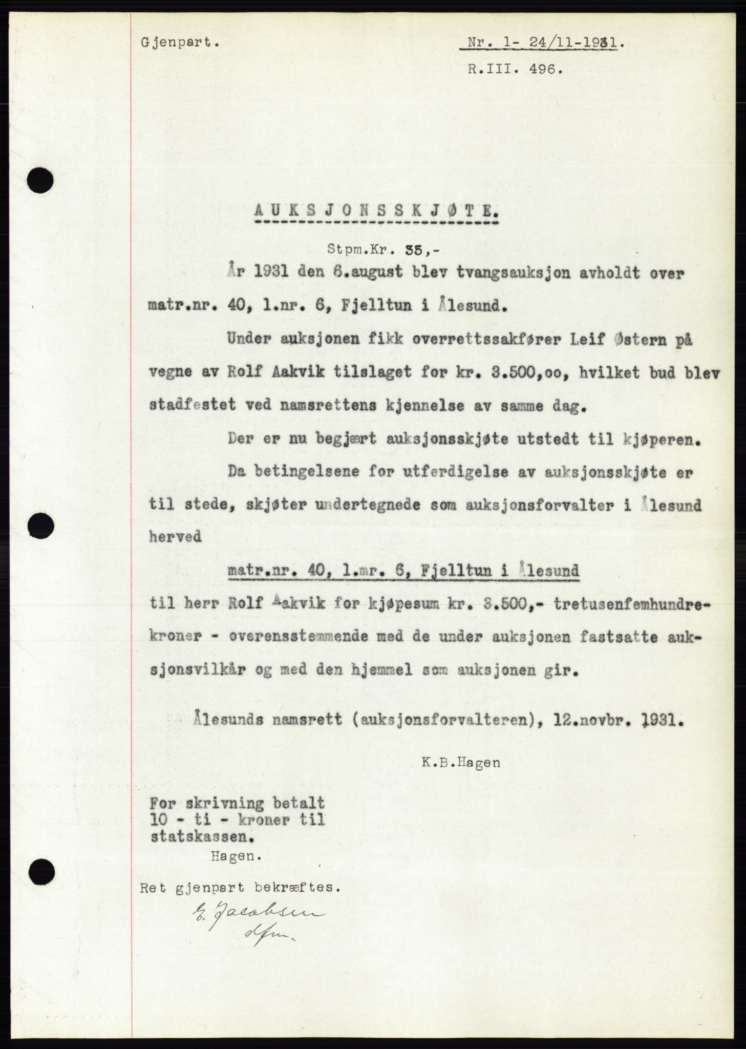 Ålesund byfogd, AV/SAT-A-4384: Pantebok nr. 29, 1931-1932, Tingl.dato: 24.11.1931