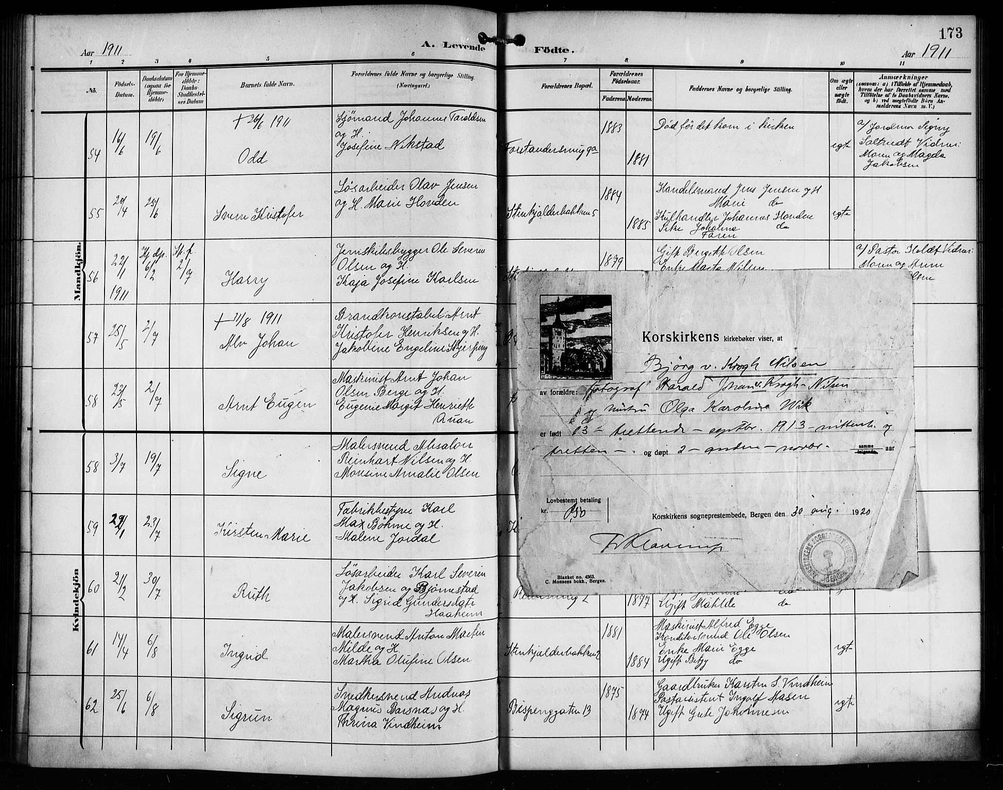 Korskirken sokneprestembete, AV/SAB-A-76101/H/Hab: Klokkerbok nr. B 11, 1905-1916, s. 173