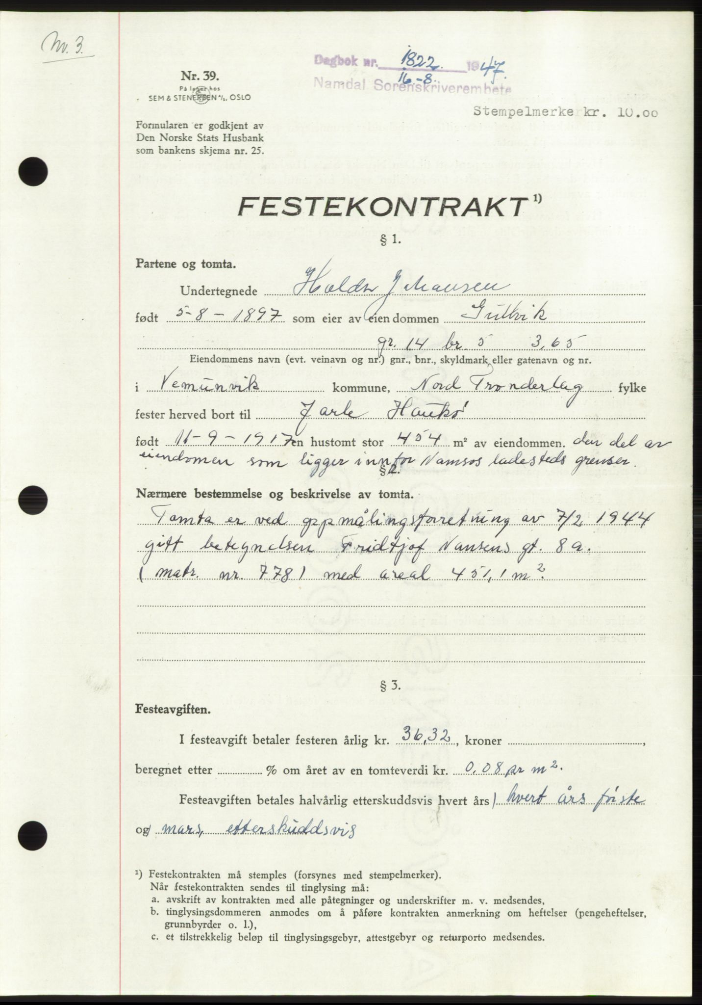 Namdal sorenskriveri, SAT/A-4133/1/2/2C: Pantebok nr. -, 1947-1947, Dagboknr: 1822/1947