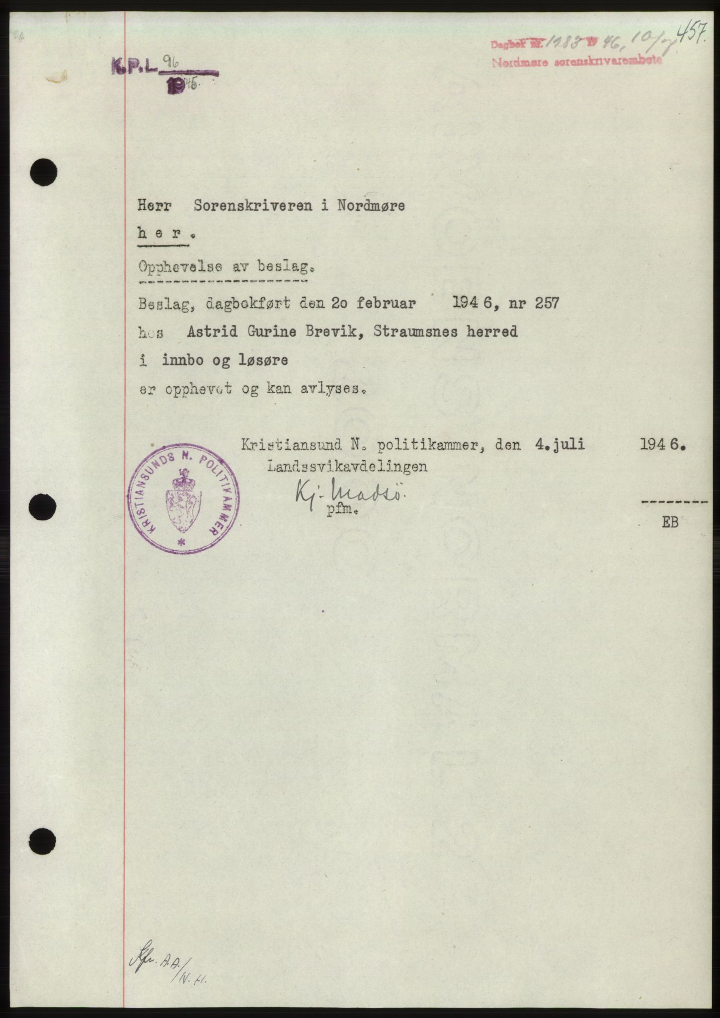 Nordmøre sorenskriveri, SAT/A-4132/1/2/2Ca: Pantebok nr. B94, 1946-1946, Dagboknr: 1283/1946