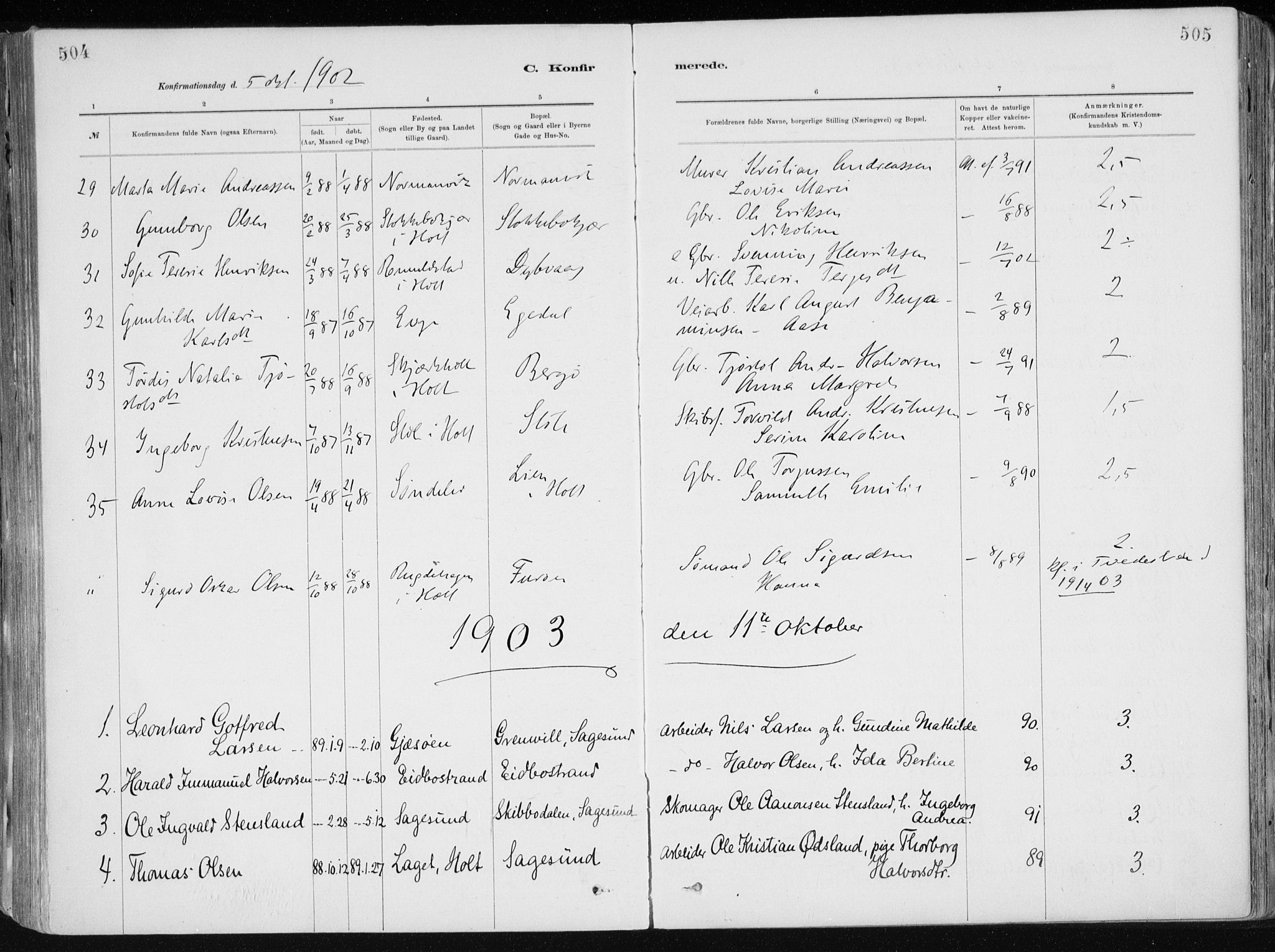 Dypvåg sokneprestkontor, SAK/1111-0007/F/Fa/Faa/L0008: Ministerialbok nr. A 8, 1885-1906, s. 504-505