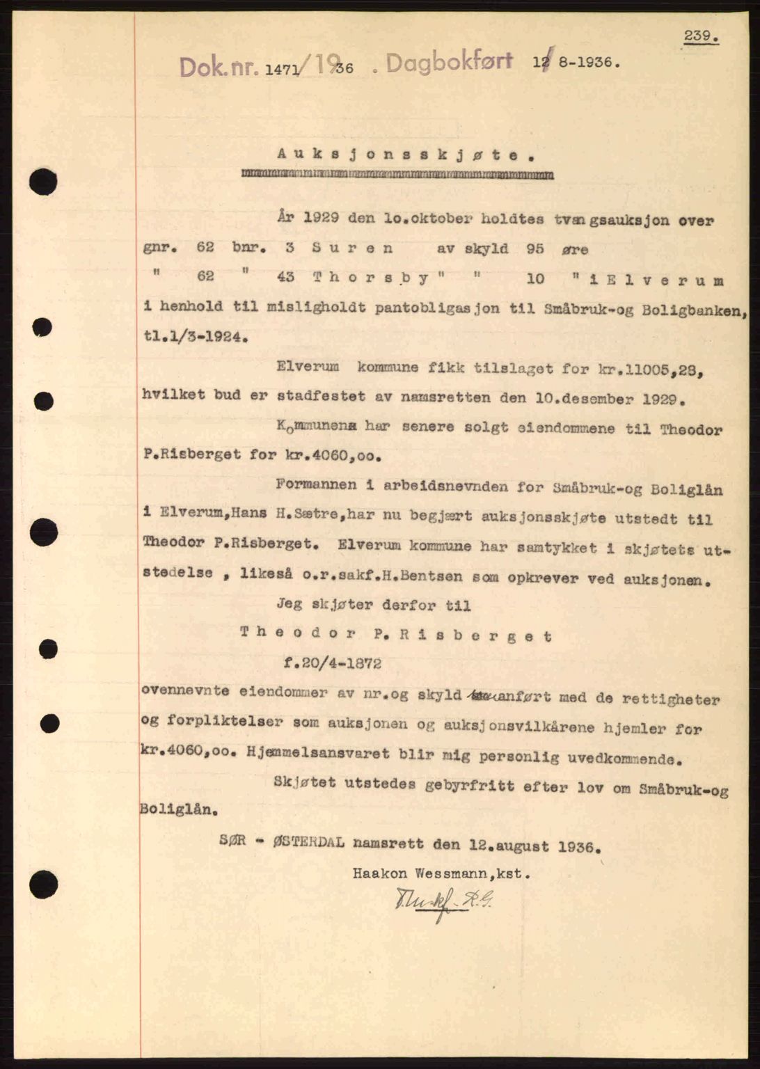 Sør-Østerdal sorenskriveri, SAH/TING-018/H/Hb/Hbb/L0054: Pantebok nr. A54, 1936-1936, Dagboknr: 1471/1936