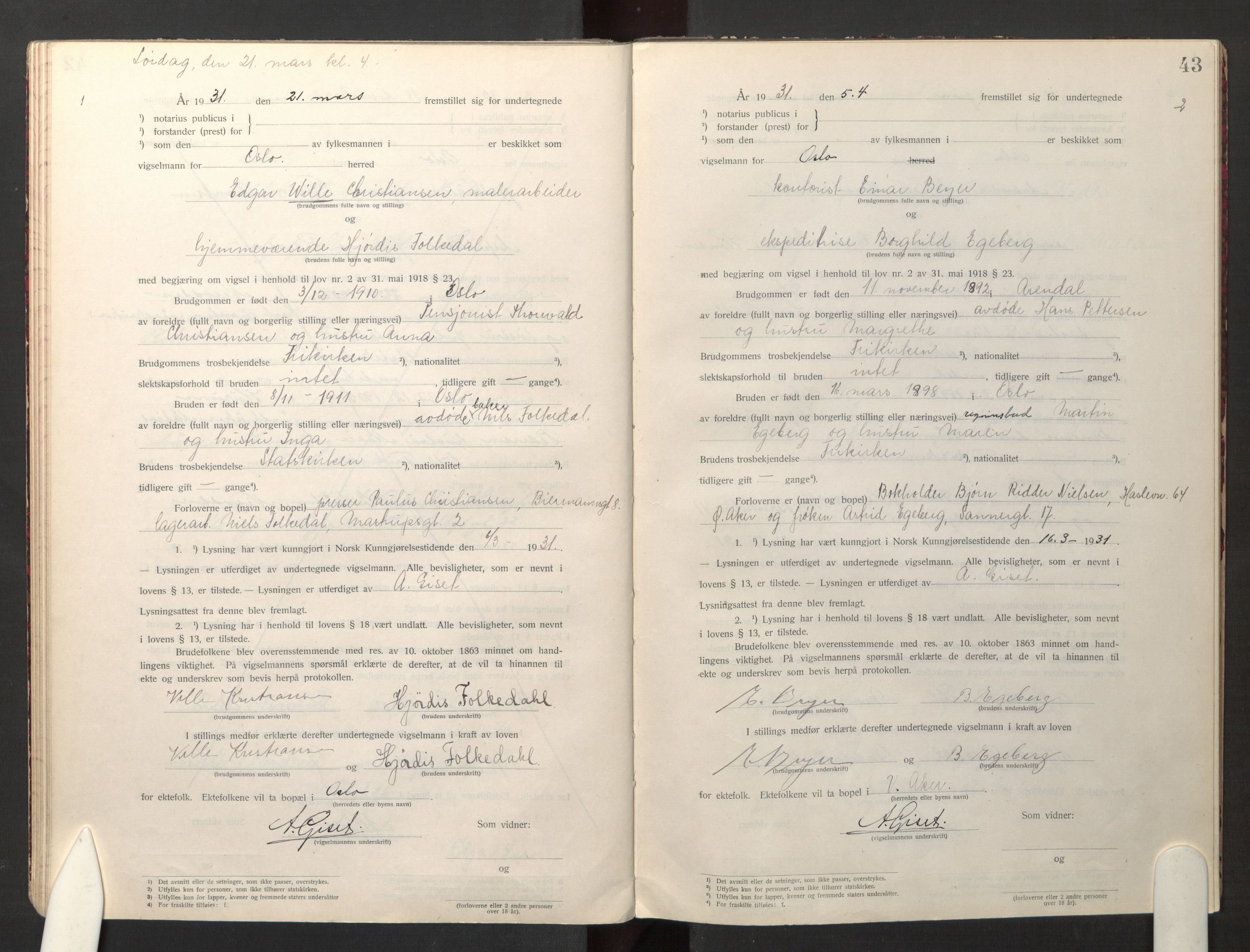 Den evangelisk-lutherske frikirke østre menighet, Oslo, AV/SAO-PAO-0245/F/L0005: Vigselsbok (dissentere) nr. 5, 1920-1941, s. 43