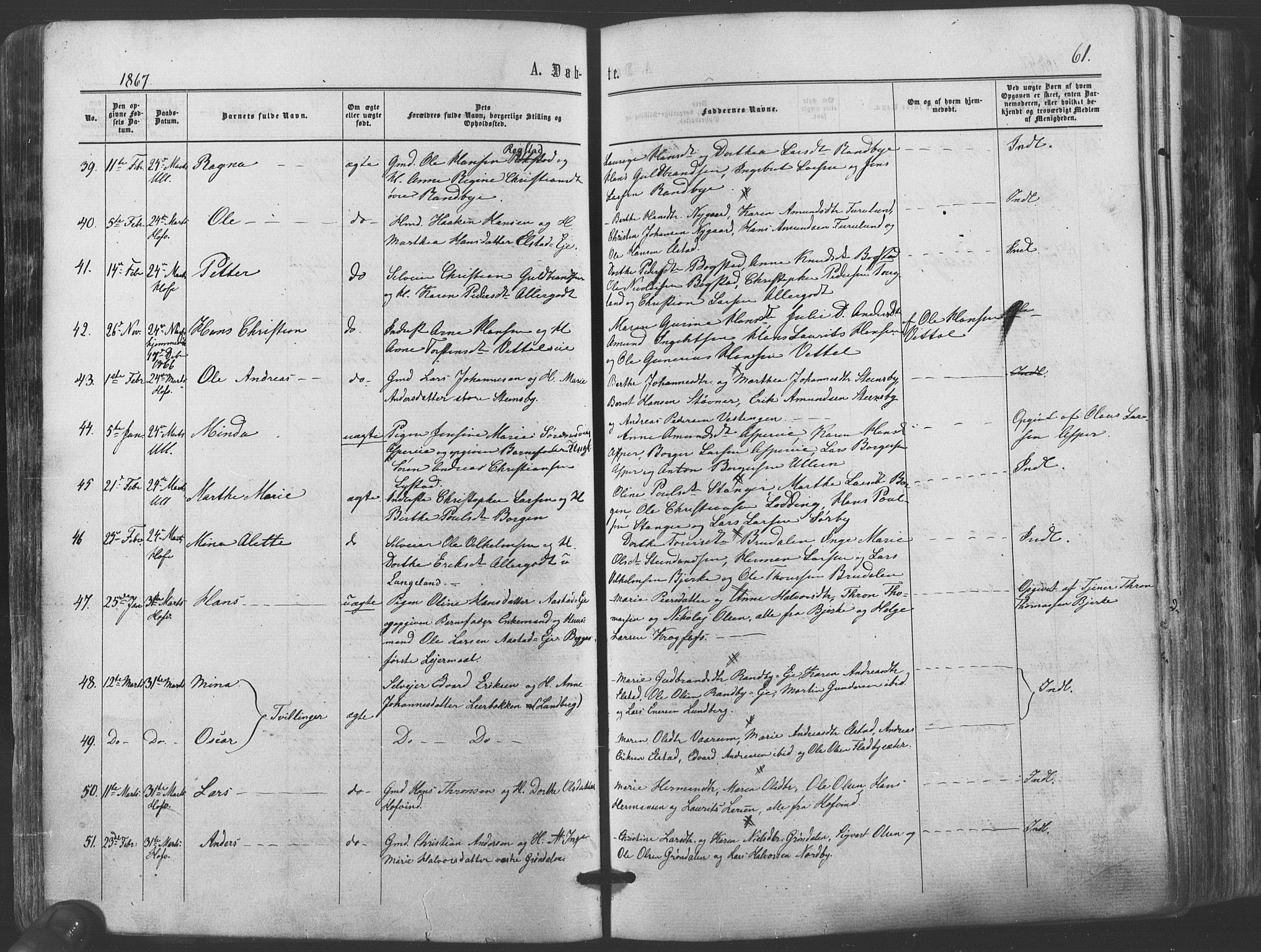 Ullensaker prestekontor Kirkebøker, AV/SAO-A-10236a/F/Fa/L0016: Ministerialbok nr. I 16, 1863-1875, s. 61