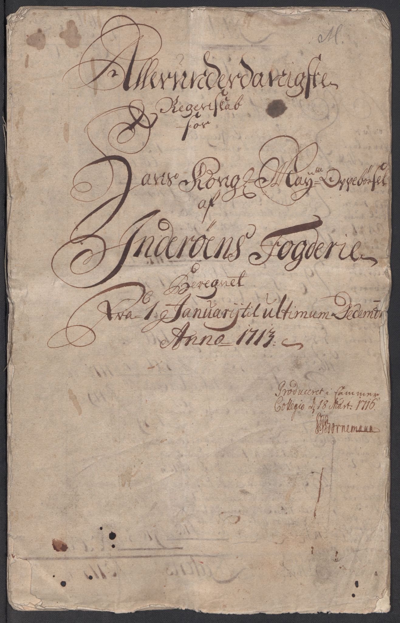 Rentekammeret inntil 1814, Reviderte regnskaper, Fogderegnskap, AV/RA-EA-4092/R63/L4321: Fogderegnskap Inderøy, 1713, s. 3
