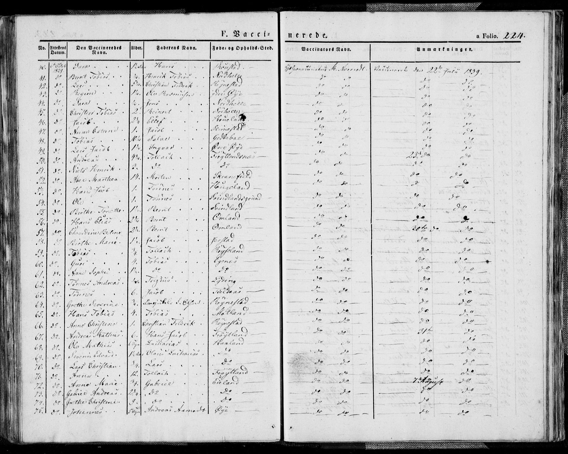 Kvinesdal sokneprestkontor, AV/SAK-1111-0026/F/Fa/Fab/L0004: Ministerialbok nr. A 4, 1829-1843, s. 224