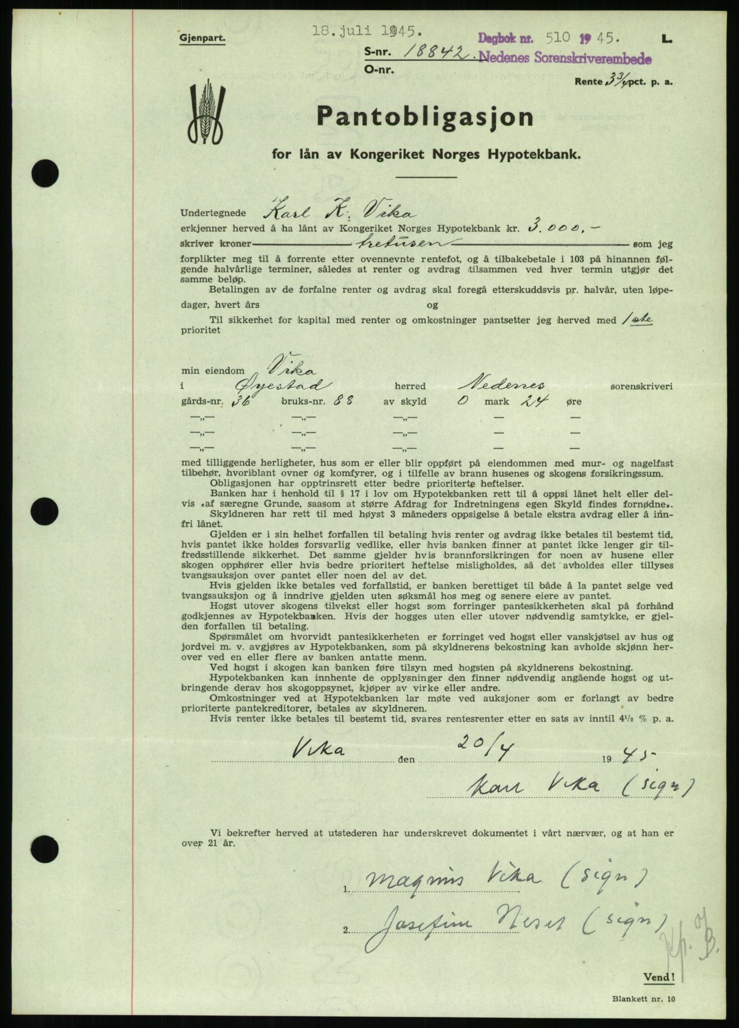 Nedenes sorenskriveri, SAK/1221-0006/G/Gb/Gbb/L0002: Pantebok nr. II, 1942-1945, Dagboknr: 510/1945