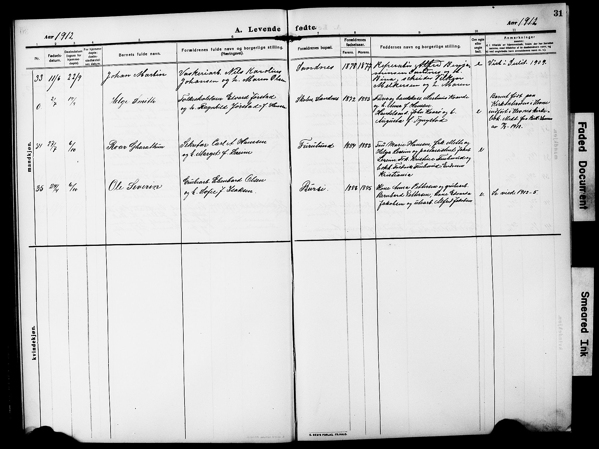 Ministerialprotokoller, klokkerbøker og fødselsregistre - Nordland, AV/SAT-A-1459/850/L0710: Ministerialbok nr. 850A02, 1910-1920, s. 31