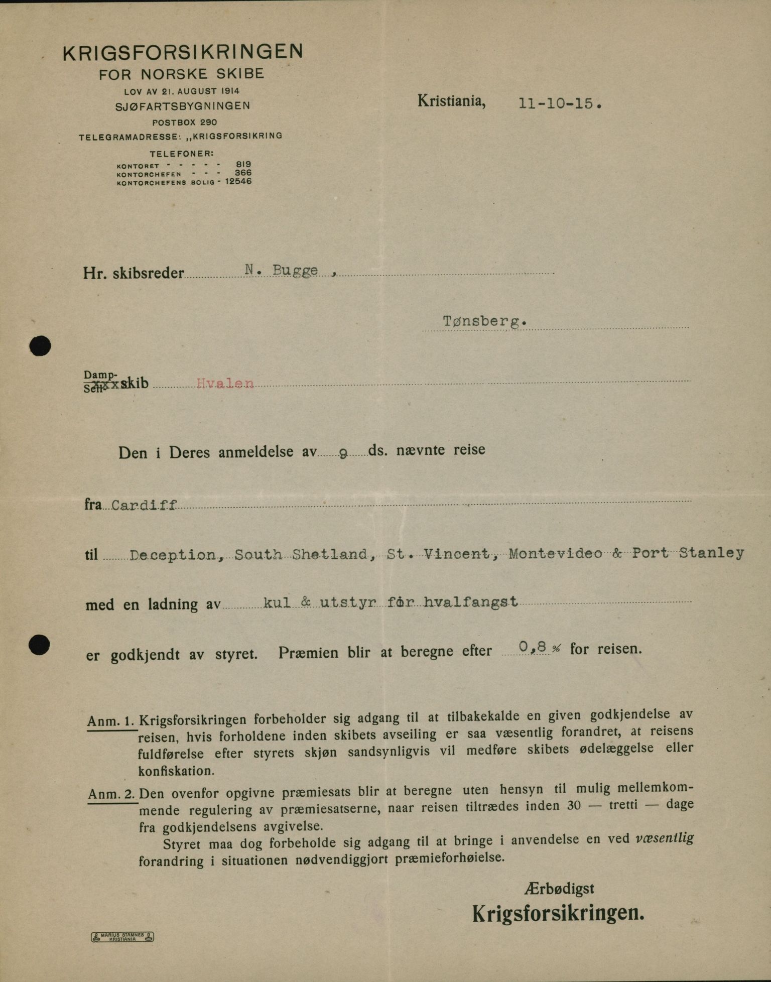 Pa 664 - Tønsberg Sjøforsikringsselskap, VEMU/A-1773/D/Da/L0001: Mai - November
Oscar Aalborg, 1915