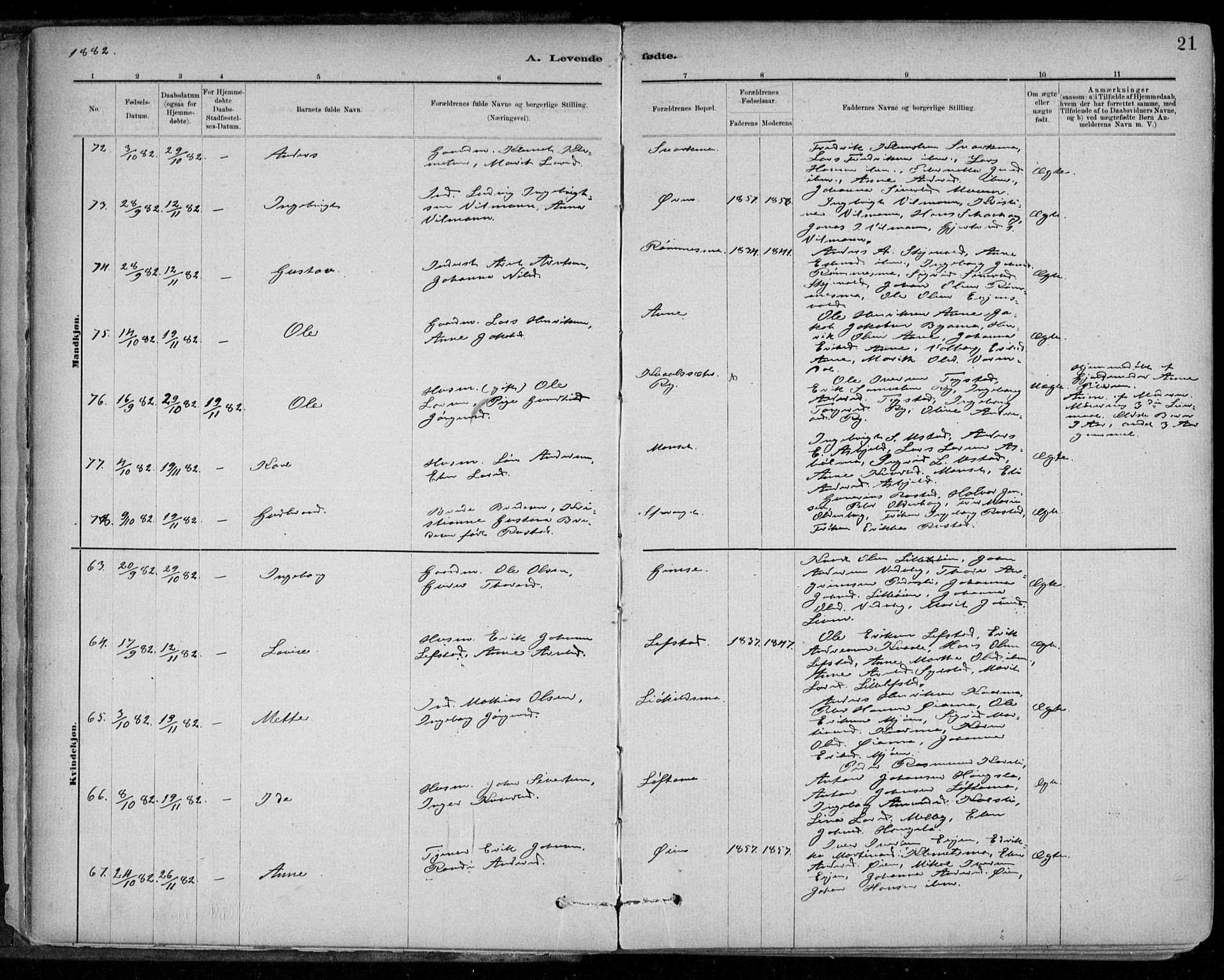 Ministerialprotokoller, klokkerbøker og fødselsregistre - Sør-Trøndelag, AV/SAT-A-1456/668/L0809: Ministerialbok nr. 668A09, 1881-1895, s. 21