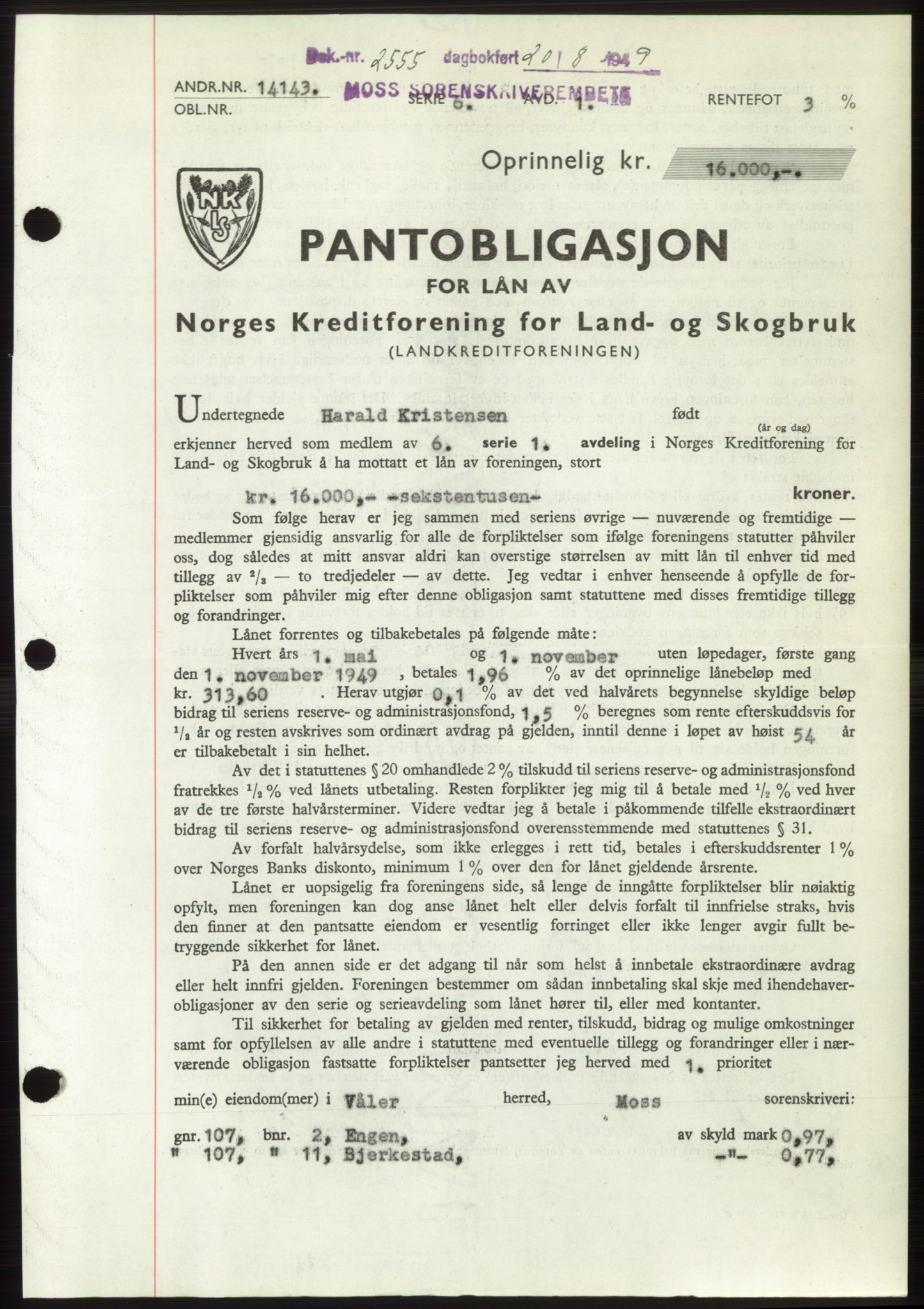 Moss sorenskriveri, SAO/A-10168: Pantebok nr. B22, 1949-1949, Dagboknr: 2555/1949