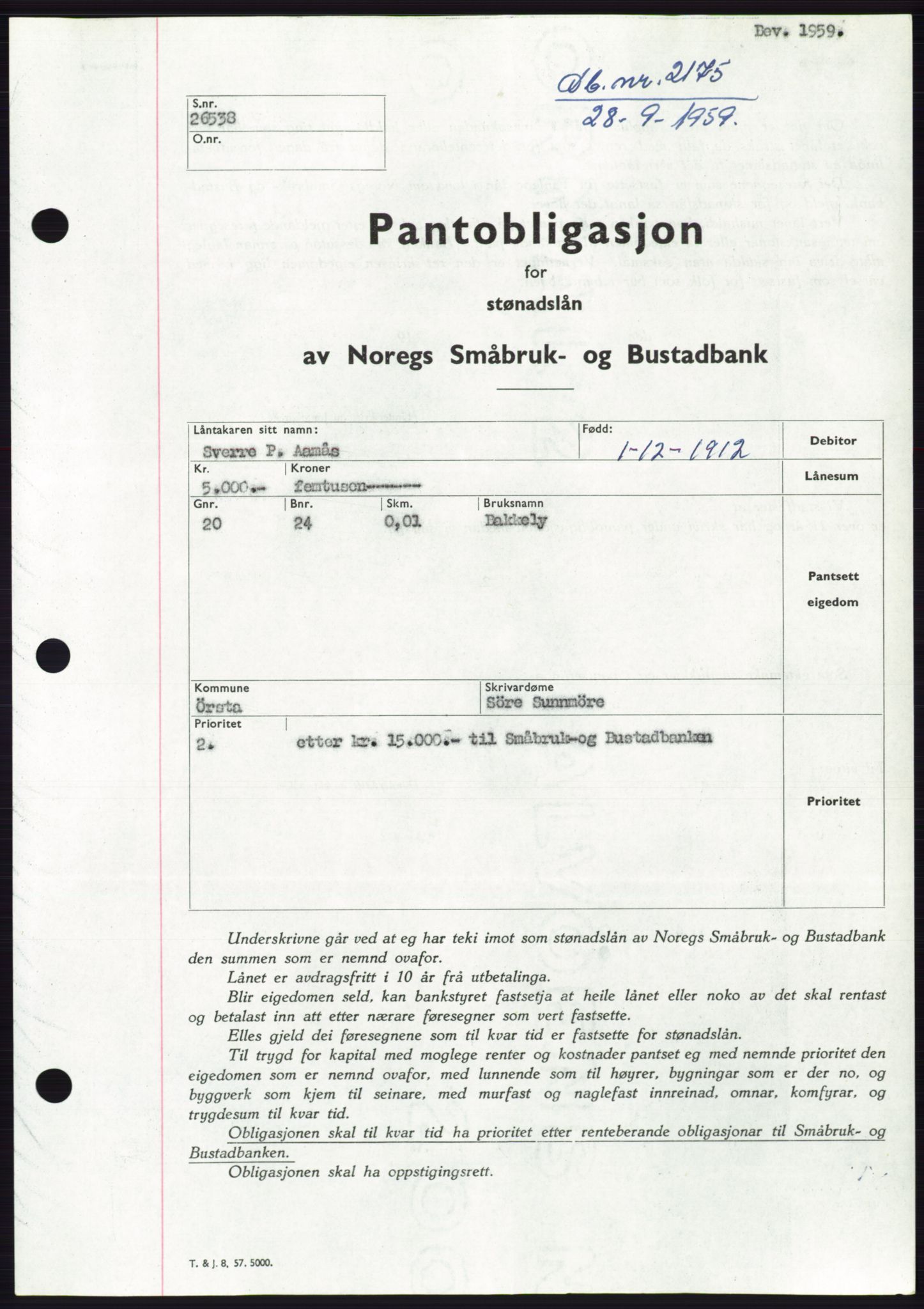 Søre Sunnmøre sorenskriveri, SAT/A-4122/1/2/2C/L0133: Pantebok nr. 21B, 1959-1959, Dagboknr: 2175/1959