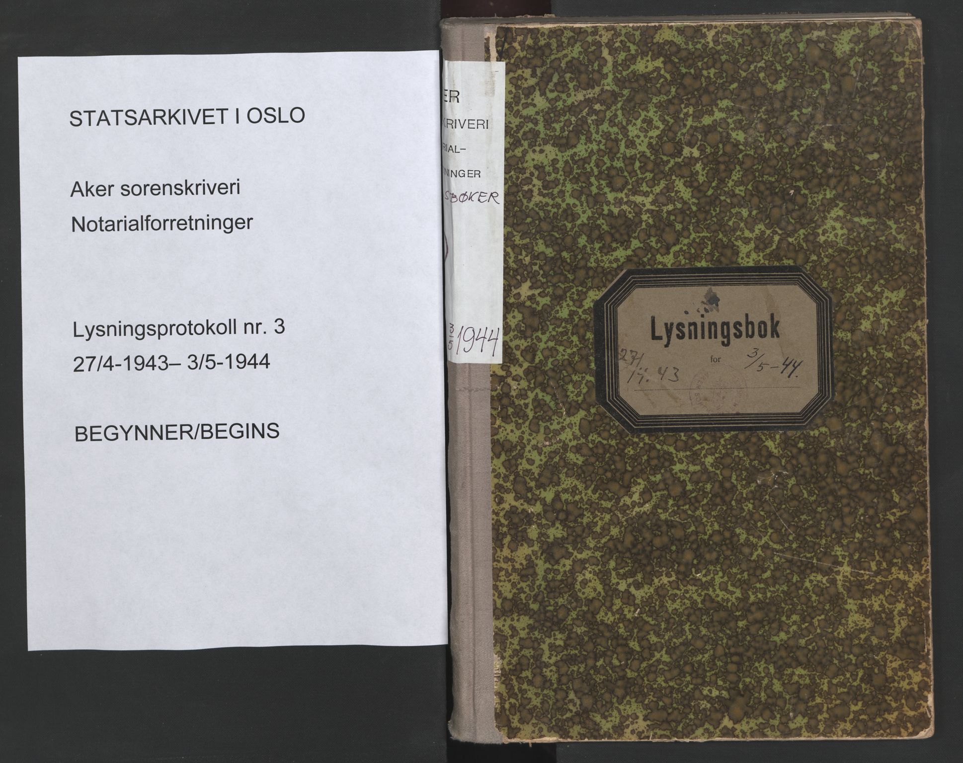 Aker sorenskriveri, AV/SAO-A-10895/L/Lb/L0003: Lysningsbok, 1943-1944