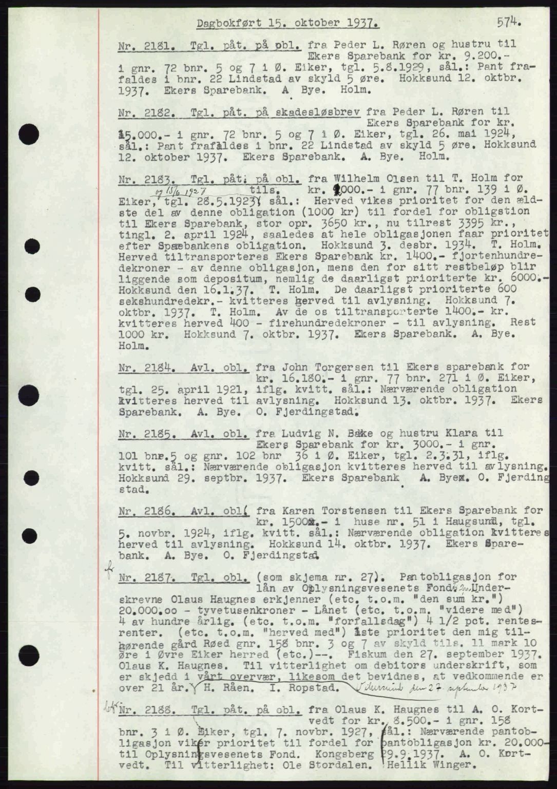 Eiker, Modum og Sigdal sorenskriveri, SAKO/A-123/G/Ga/Gab/L0036: Pantebok nr. A6, 1937-1937, Dagboknr: 2181/1937