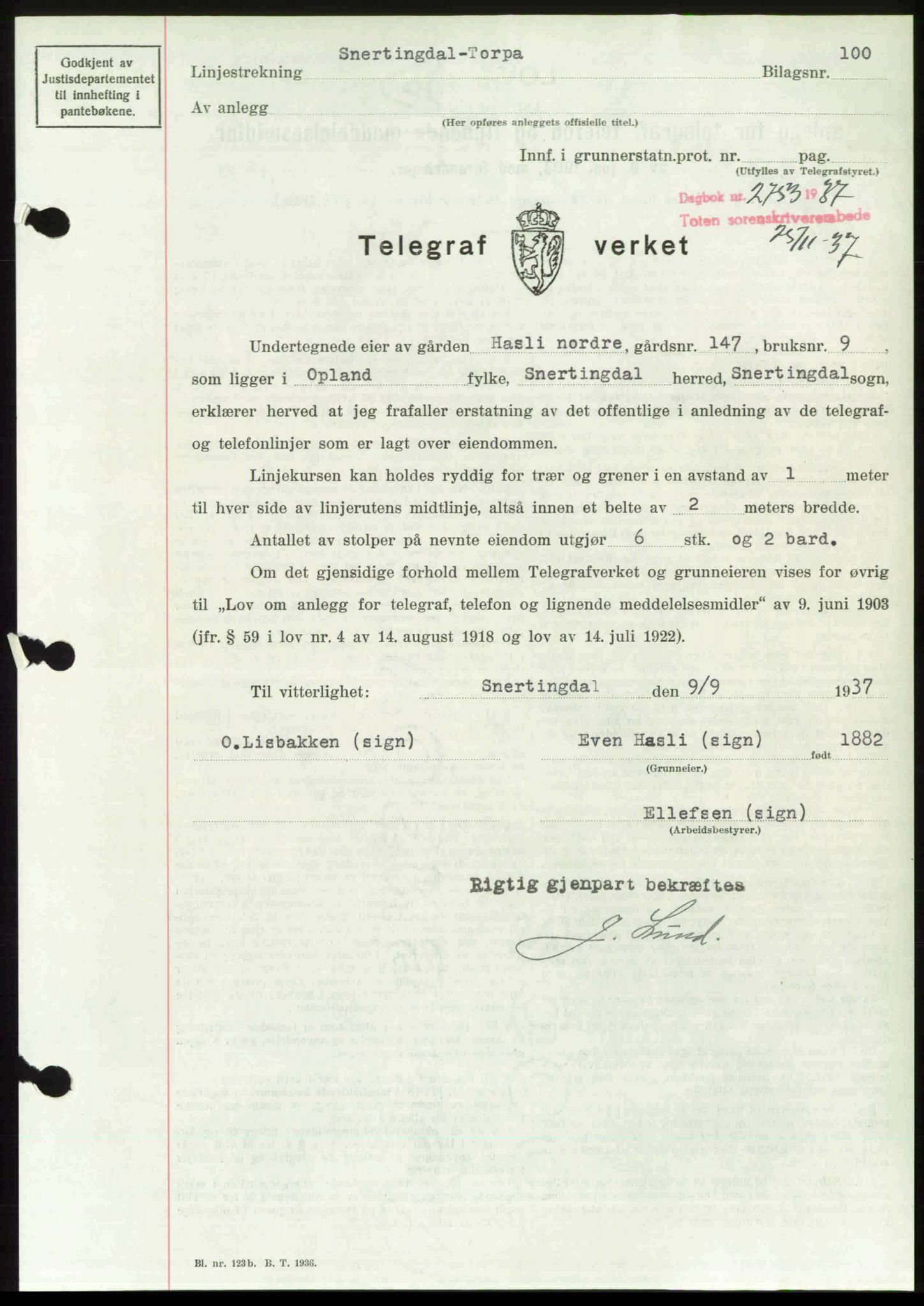 Toten tingrett, SAH/TING-006/H/Hb/Hbc/L0003: Pantebok nr. Hbc-03, 1937-1938, Dagboknr: 2753/1937