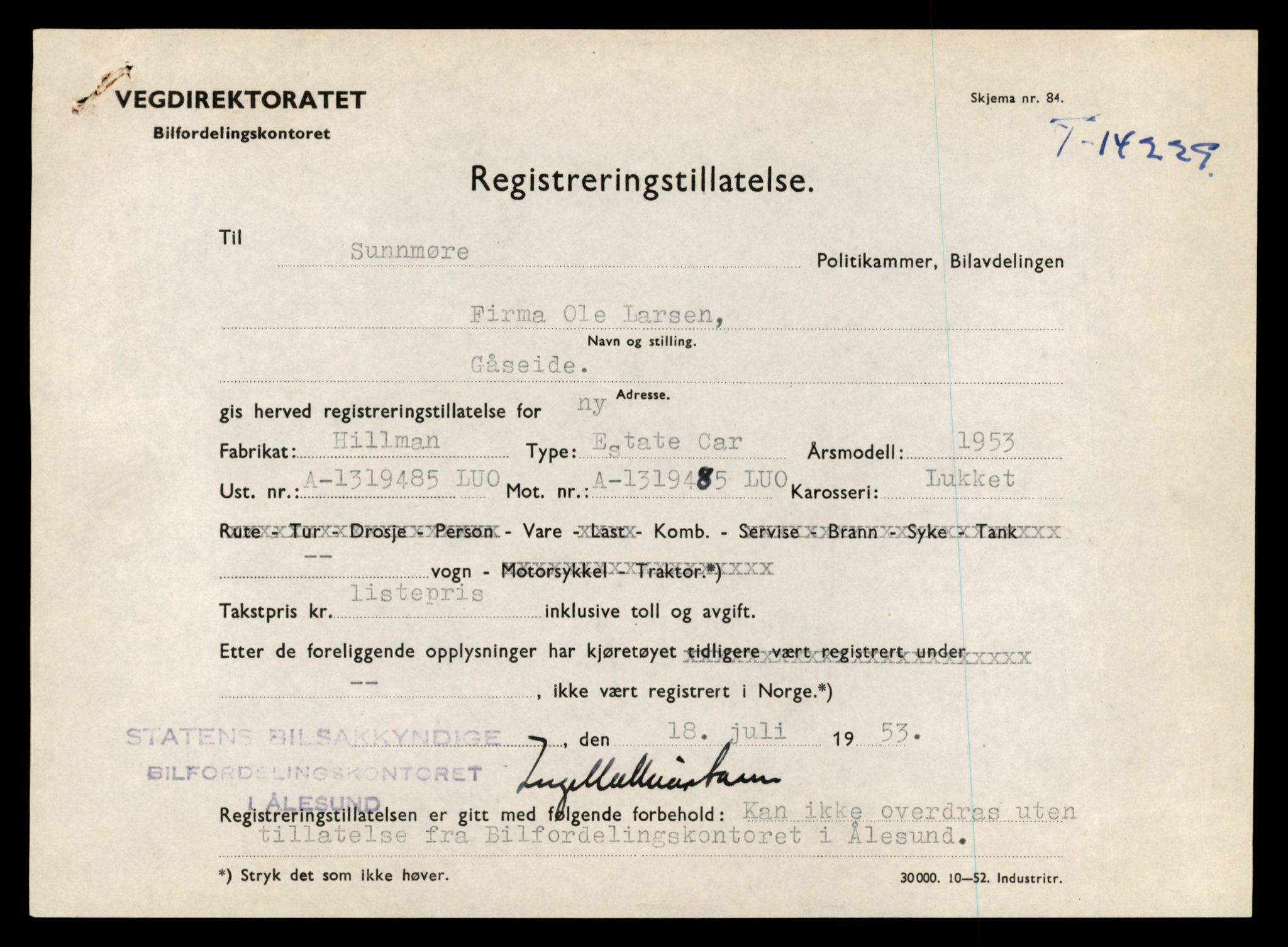 Møre og Romsdal vegkontor - Ålesund trafikkstasjon, SAT/A-4099/F/Fe/L0044: Registreringskort for kjøretøy T 14205 - T 14319, 1927-1998, s. 722