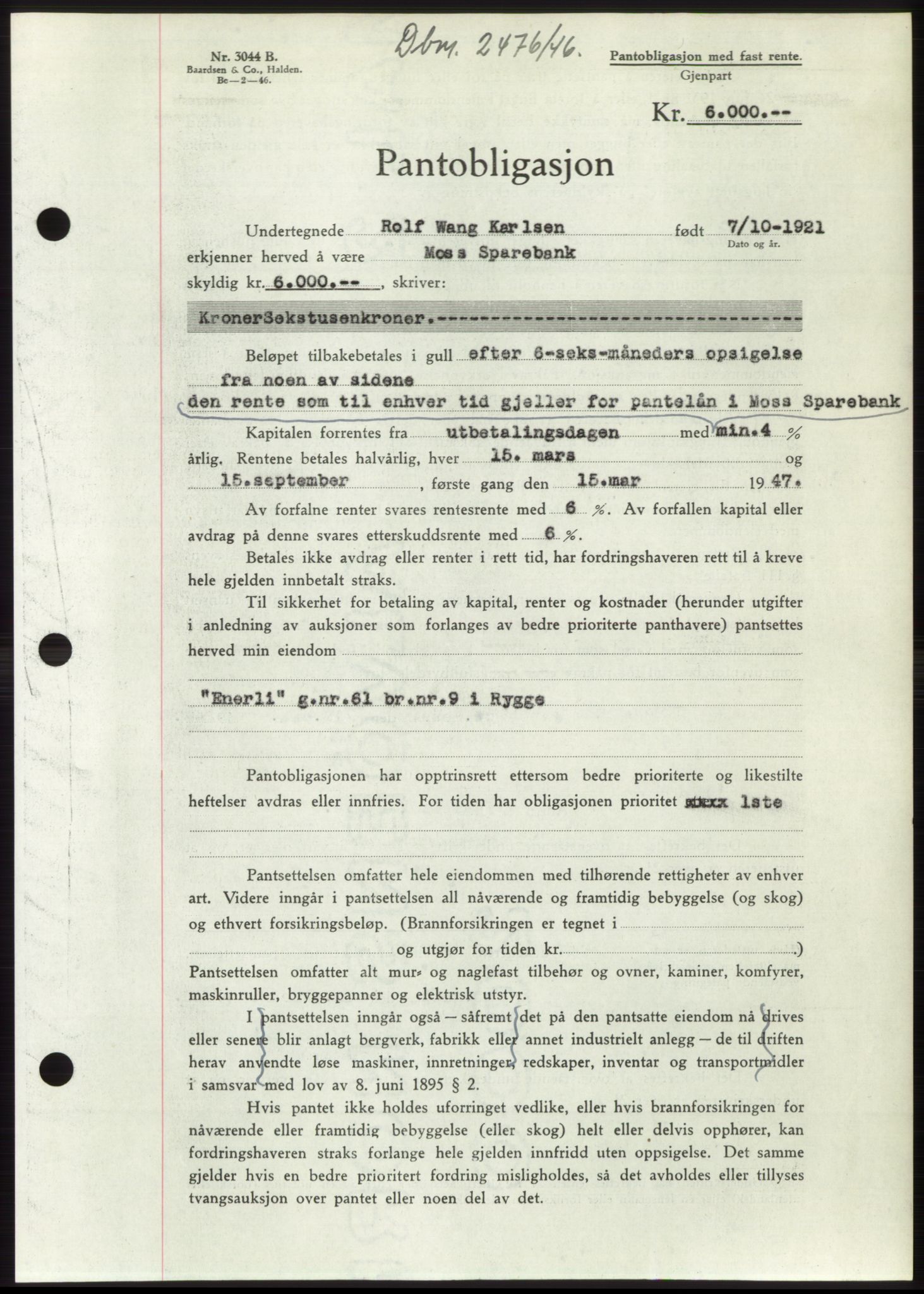 Moss sorenskriveri, SAO/A-10168: Pantebok nr. B16, 1946-1947, Dagboknr: 2476/1946
