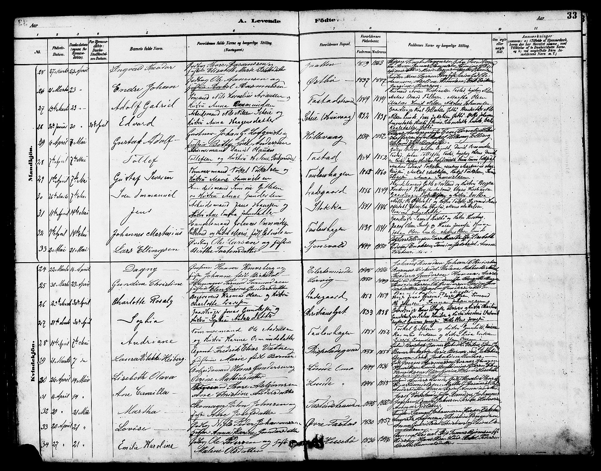 Hetland sokneprestkontor, AV/SAST-A-101826/30/30BB/L0005: Klokkerbok nr. B 5, 1878-1910, s. 33