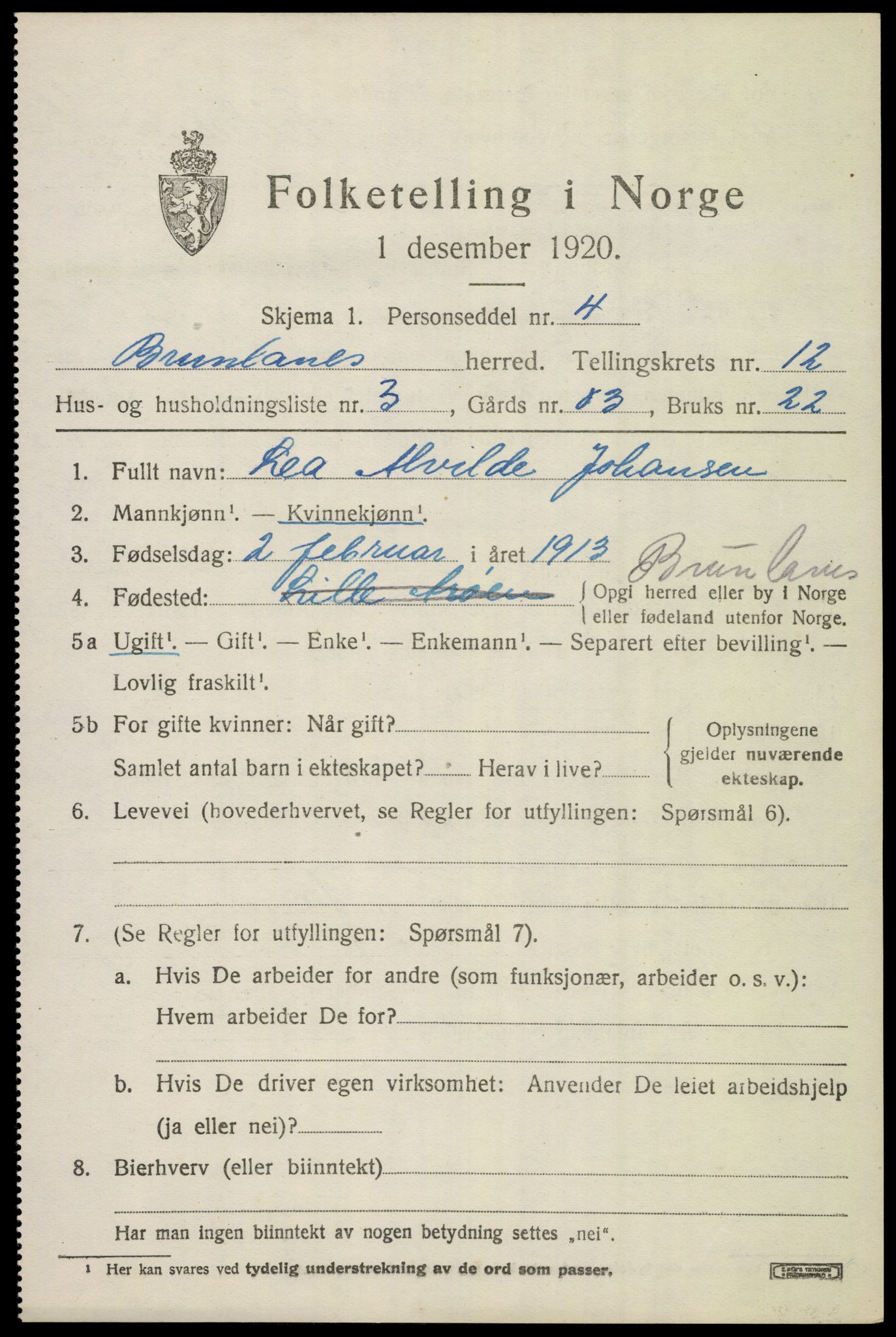 SAKO, Folketelling 1920 for 0726 Brunlanes herred, 1920, s. 10525