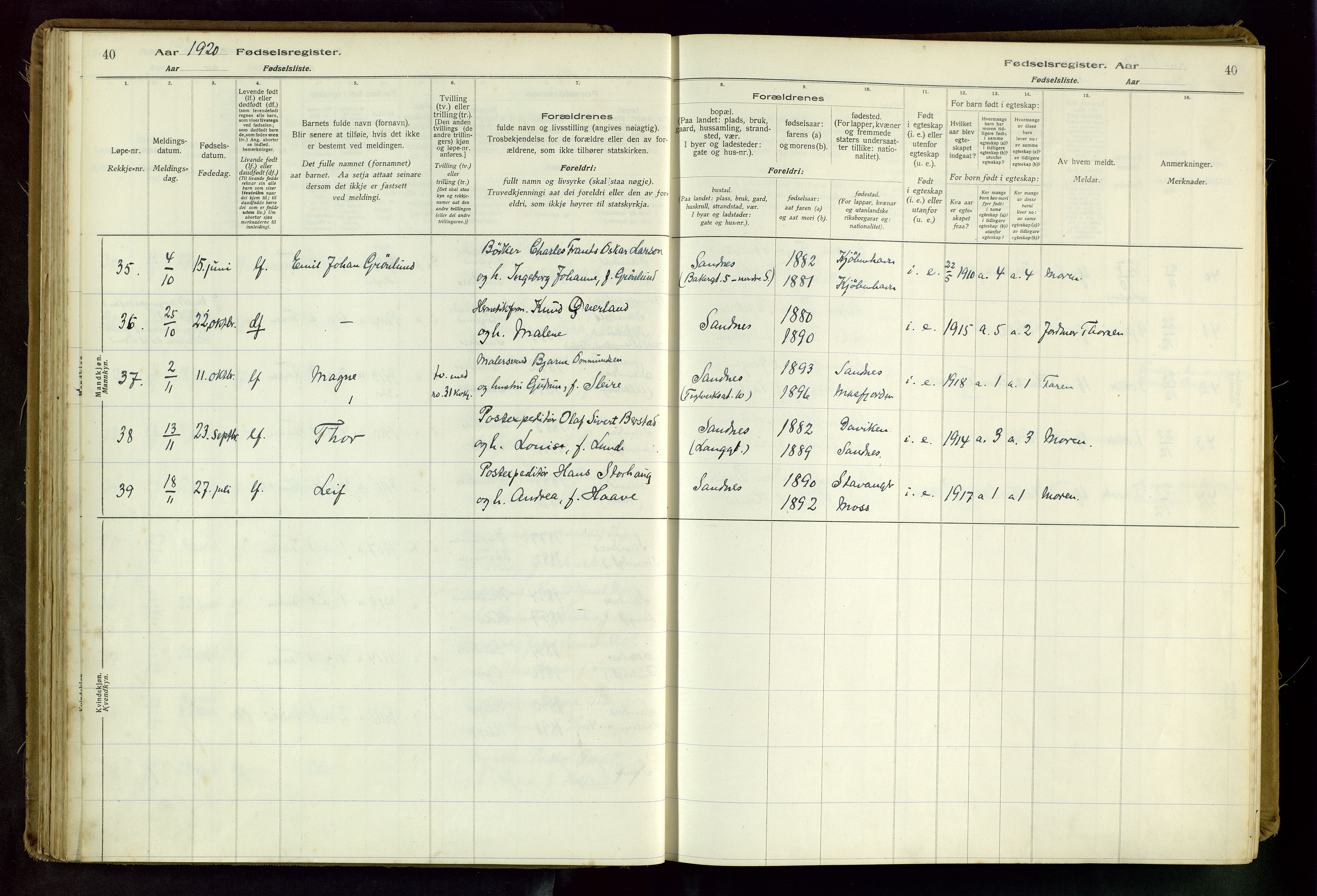 Sandnes sokneprestkontor, SAST/A-101800/704BA/L0001: Fødselsregister nr. 1, 1916-1942, s. 40