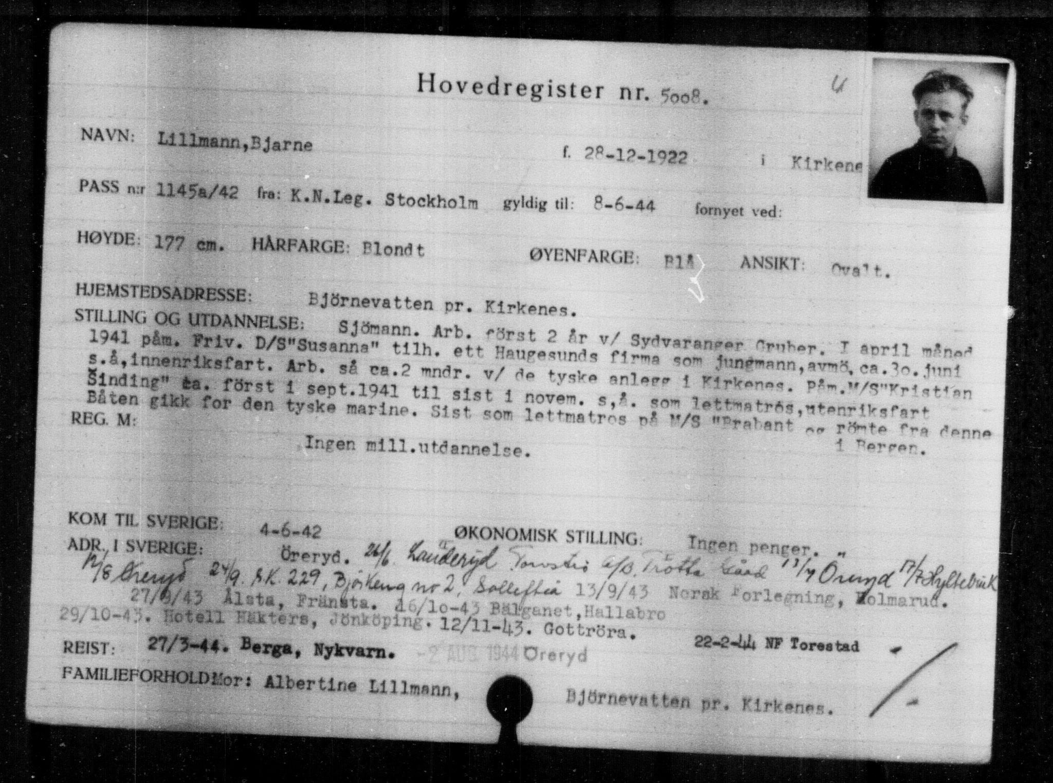 Utenriksstasjonene, Legasjonen i Stockholm, Flyktningkontoret, AV/RA-S-6753/V/Va/L0004: Kjesäterkartoteket, flyktninger med registreringsnr. 3496-6610, 1940-1945, s. 1792