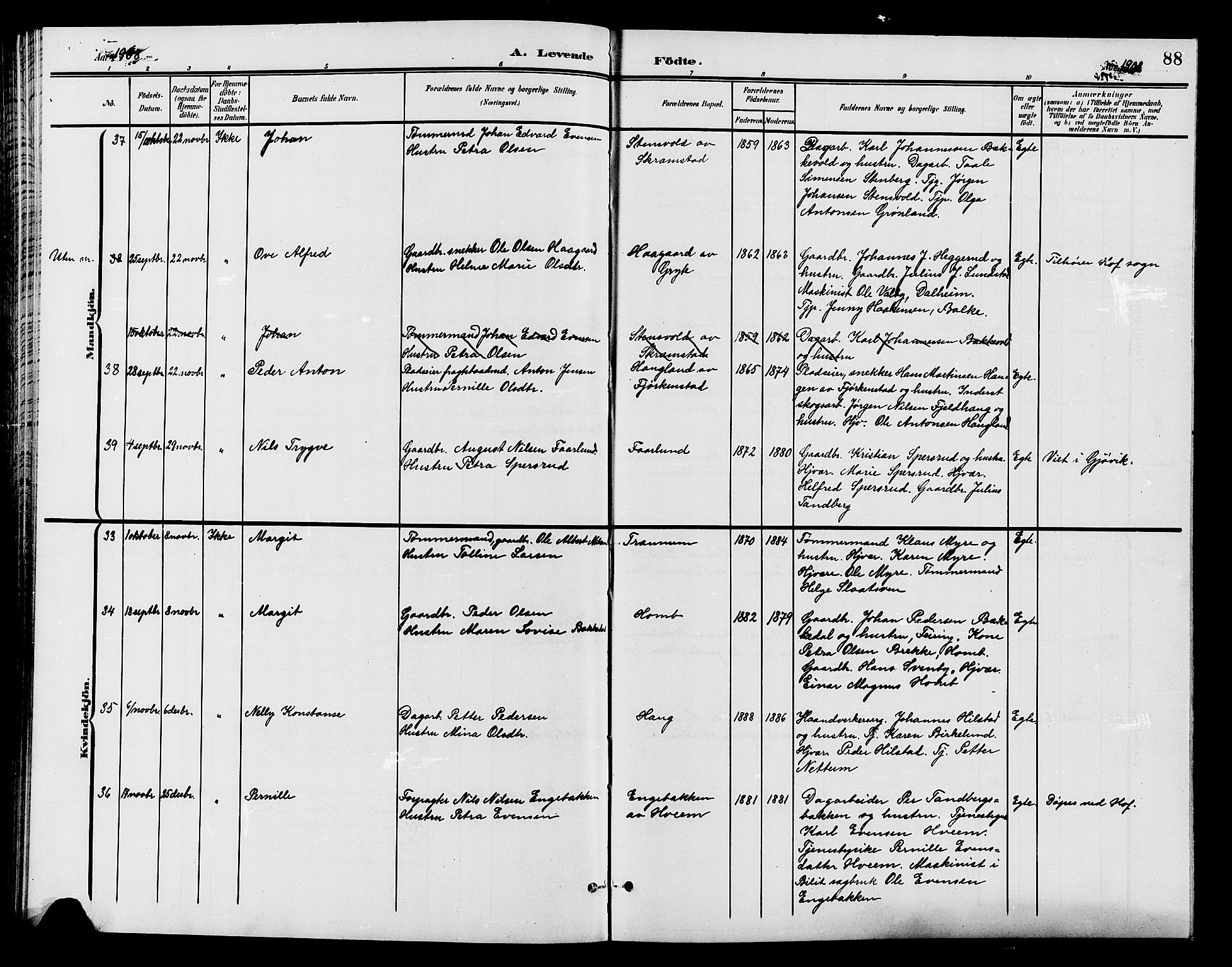 Østre Toten prestekontor, AV/SAH-PREST-104/H/Ha/Hab/L0007: Klokkerbok nr. 7, 1901-1912, s. 88