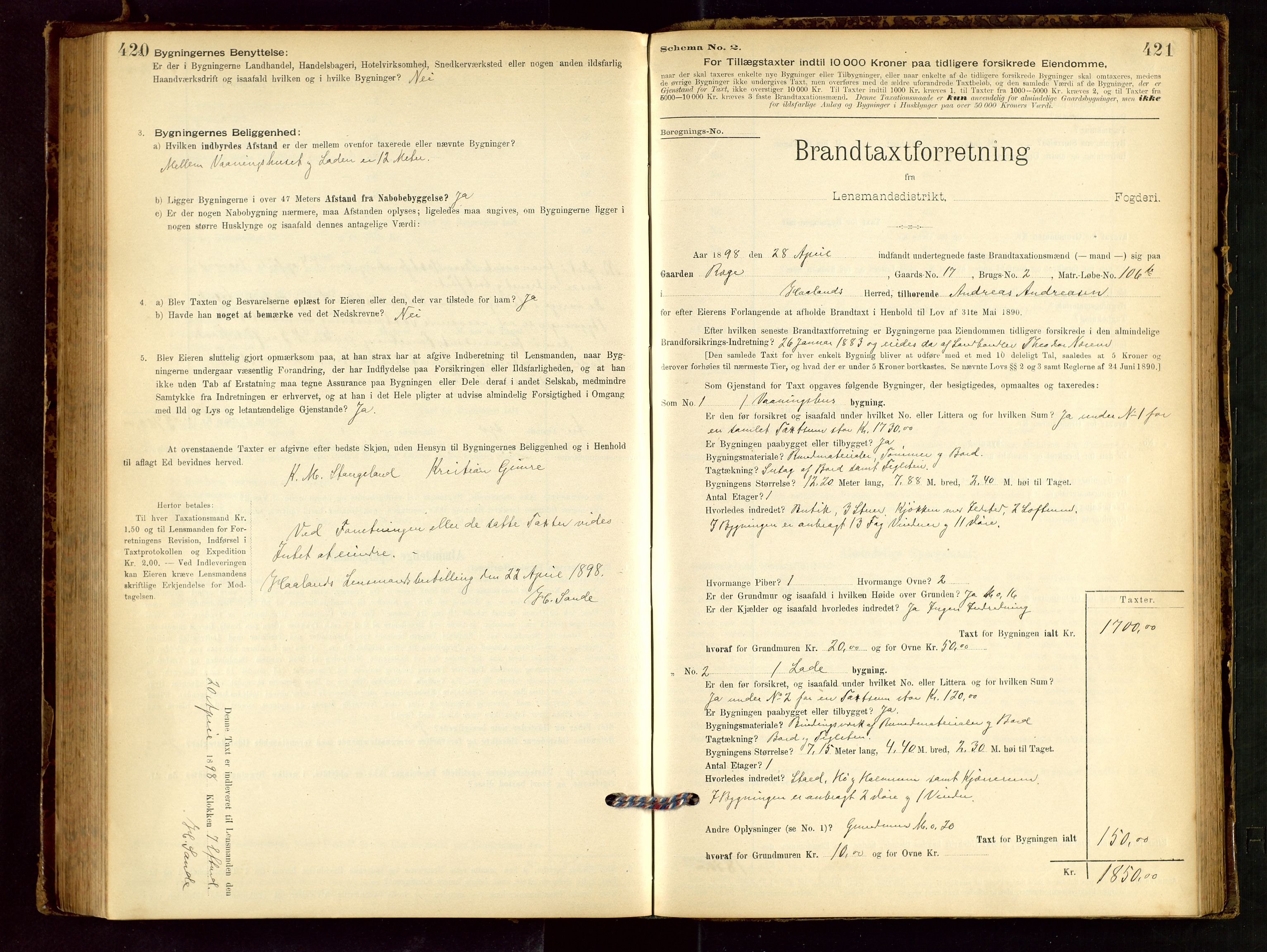 Håland lensmannskontor, SAST/A-100100/Gob/L0001: Branntakstprotokoll - skjematakst. Register i boken., 1894-1902, s. 420-421