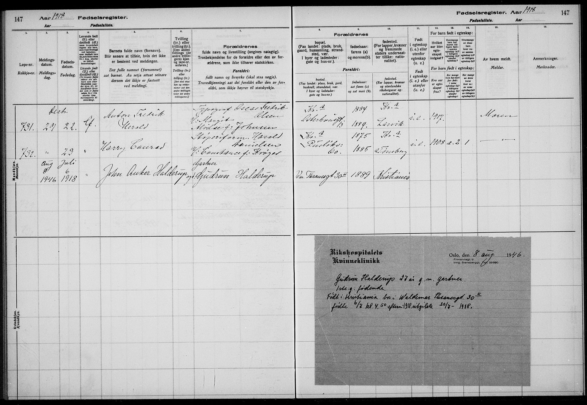 Rikshospitalet prestekontor Kirkebøker, AV/SAO-A-10309b/J/L0003: Fødselsregister nr. 3, 1918-1918, s. 147