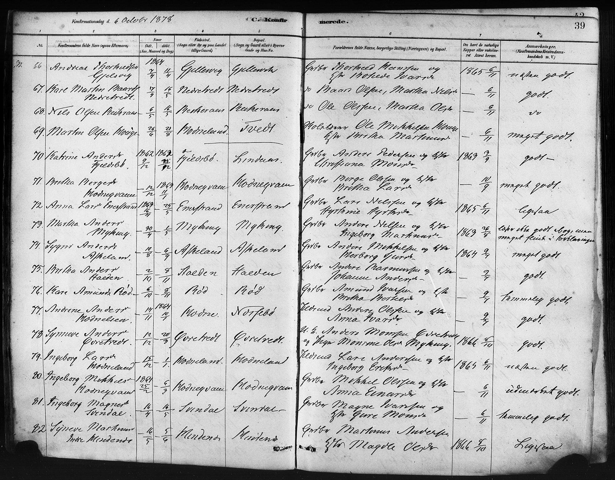 Lindås Sokneprestembete, AV/SAB-A-76701/H/Haa/Haaa/L0019: Ministerialbok nr. A 19, 1878-1912, s. 39