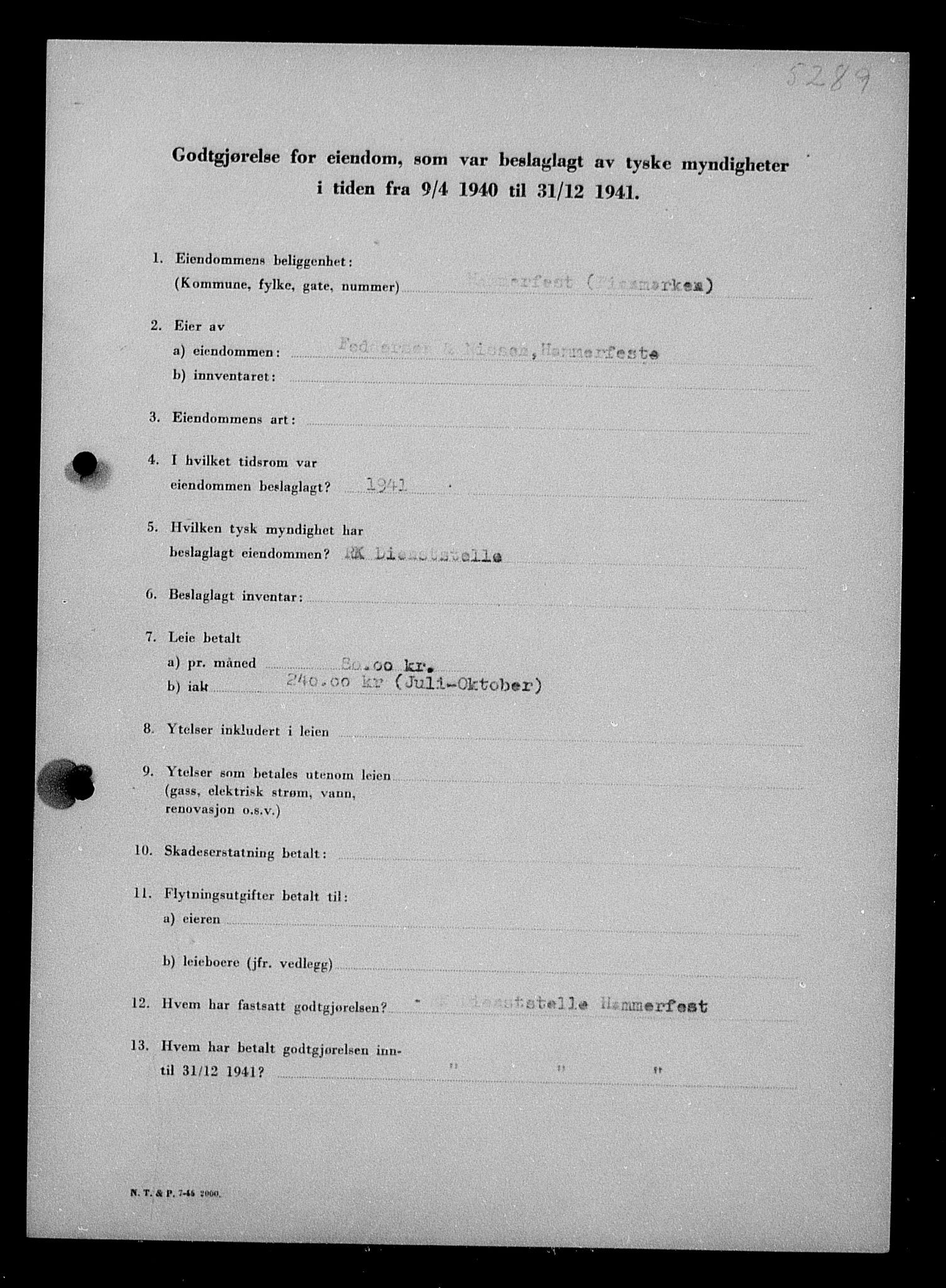 Justisdepartementet, Tilbakeføringskontoret for inndratte formuer, AV/RA-S-1564/I/L1019: Godtgjørelse for beslaglagt eiendom, 1940-1941, s. 121