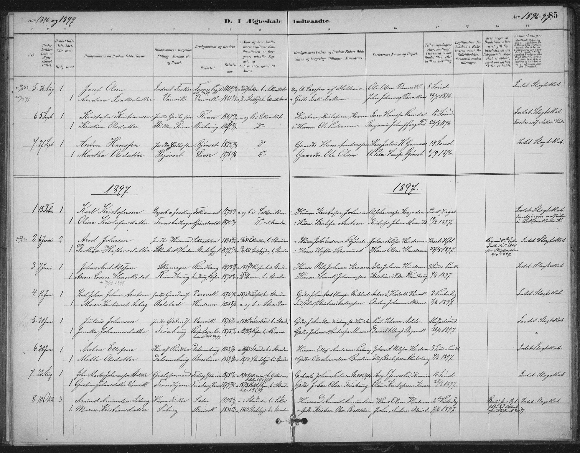 Ministerialprotokoller, klokkerbøker og fødselsregistre - Nord-Trøndelag, AV/SAT-A-1458/702/L0023: Ministerialbok nr. 702A01, 1883-1897, s. 85