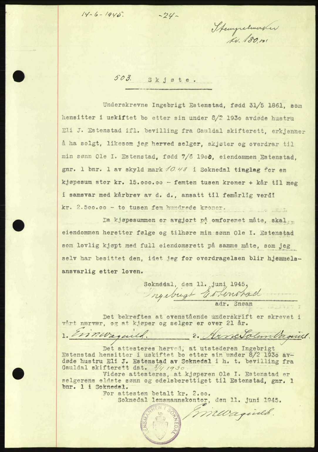 Gauldal sorenskriveri, SAT/A-0014/1/2/2C: Pantebok nr. A1a, 1945-1945, Dagboknr: 503/1945