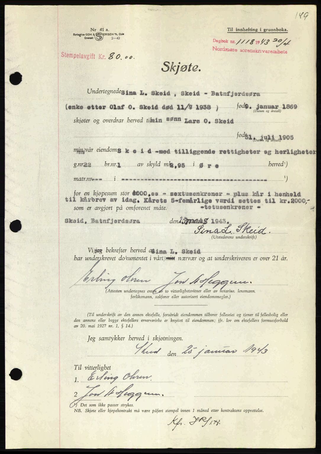 Nordmøre sorenskriveri, AV/SAT-A-4132/1/2/2Ca: Pantebok nr. A95, 1943-1943, Dagboknr: 1118/1943