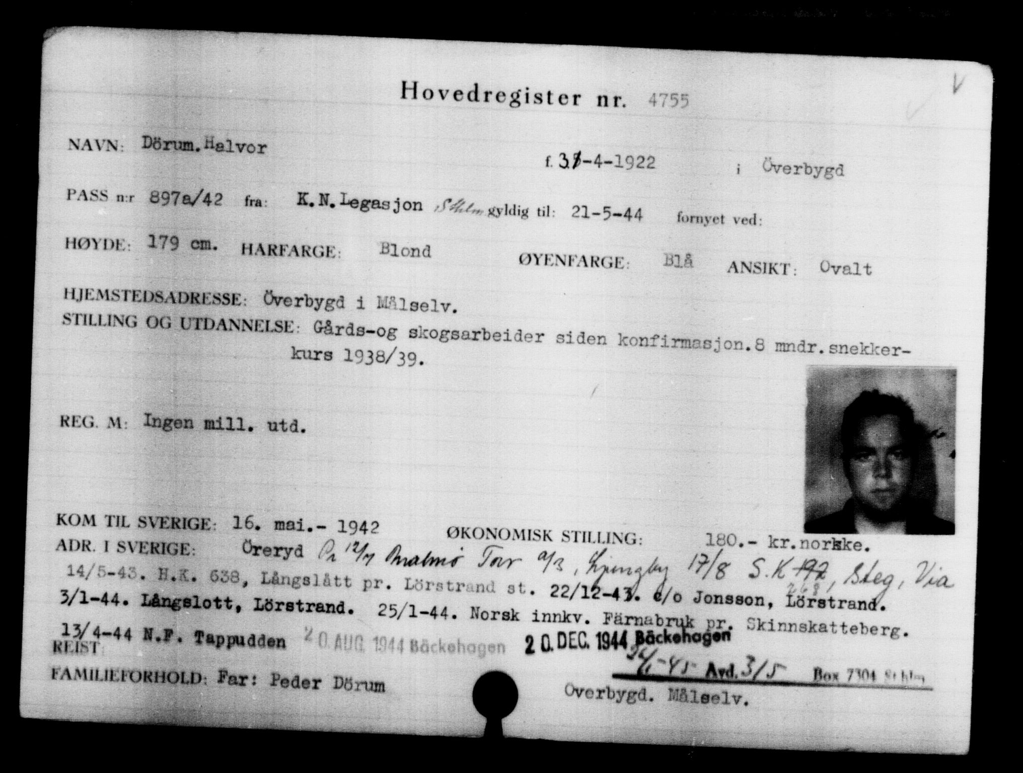 Utenriksstasjonene, Legasjonen i Stockholm, Flyktningkontoret, AV/RA-S-6753/V/Va/L0004: Kjesäterkartoteket, flyktninger med registreringsnr. 3496-6610, 1940-1945, s. 1487