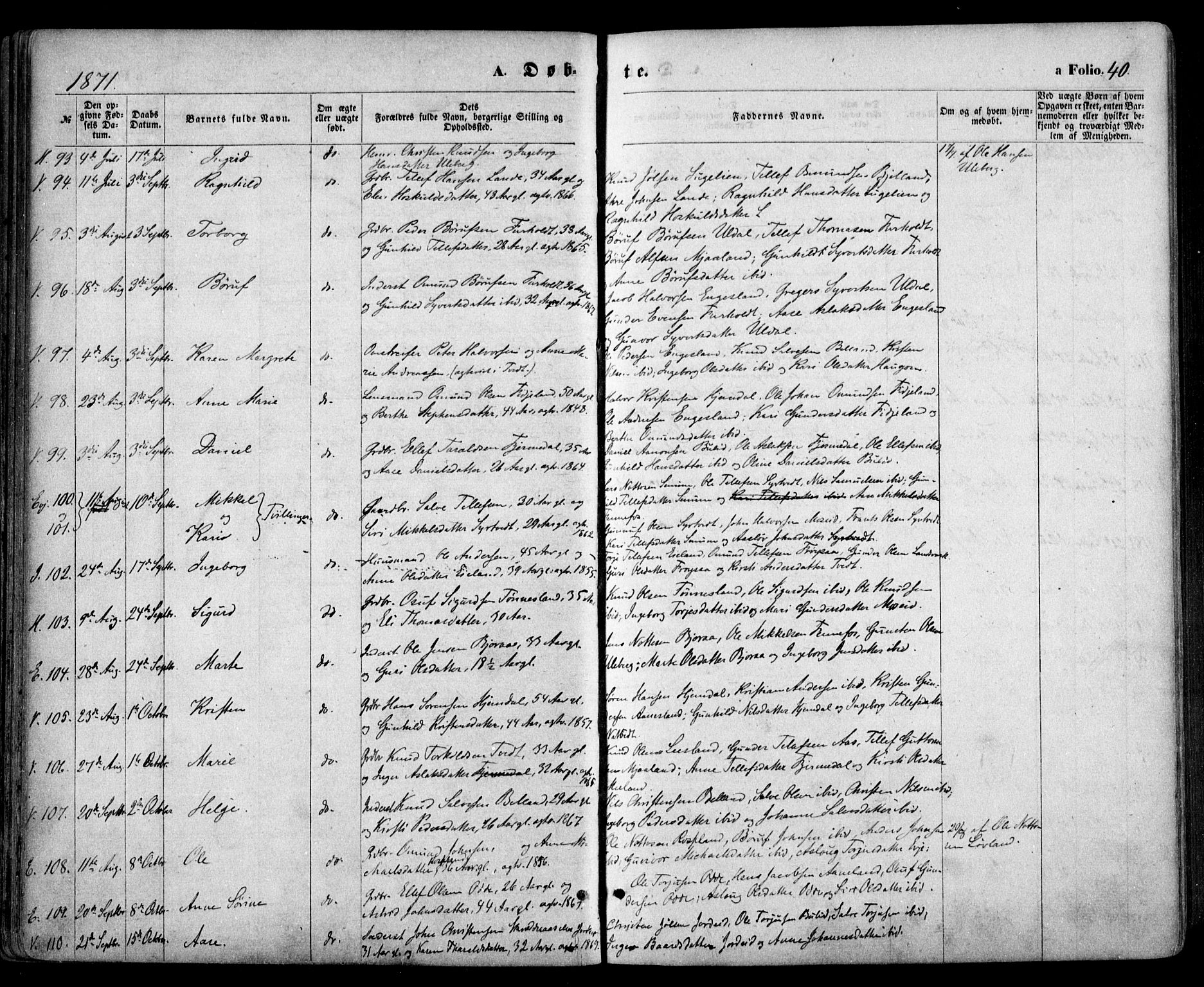 Evje sokneprestkontor, AV/SAK-1111-0008/F/Fa/Faa/L0006: Ministerialbok nr. A 6, 1866-1884, s. 40