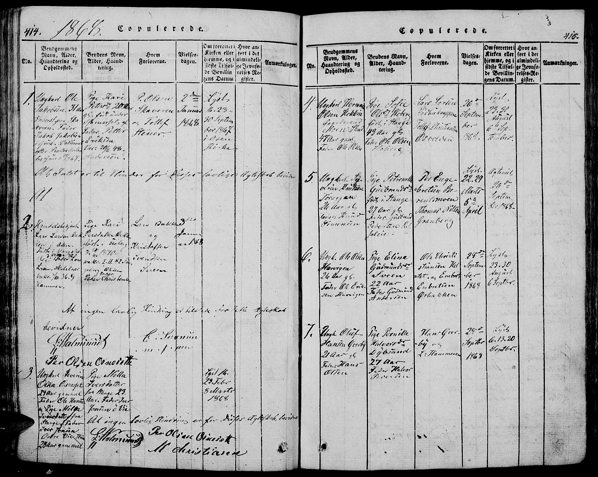 Trysil prestekontor, SAH/PREST-046/H/Ha/Hab/L0005: Klokkerbok nr. 5, 1814-1877, s. 414-415