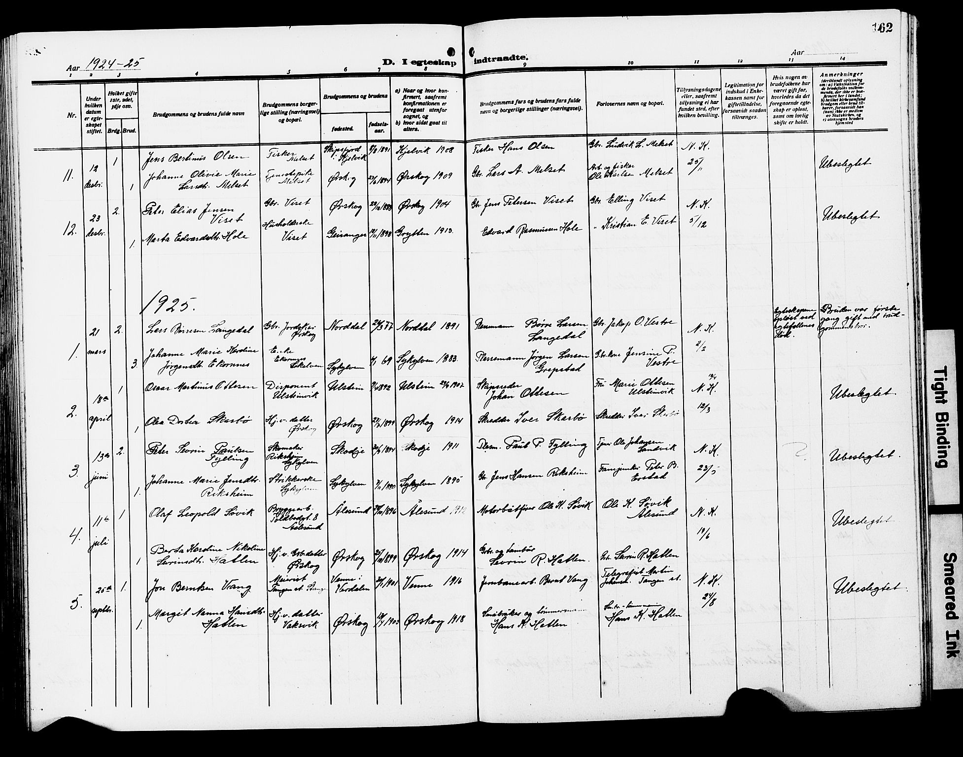 Ministerialprotokoller, klokkerbøker og fødselsregistre - Møre og Romsdal, AV/SAT-A-1454/522/L0328: Klokkerbok nr. 522C07, 1909-1925, s. 162