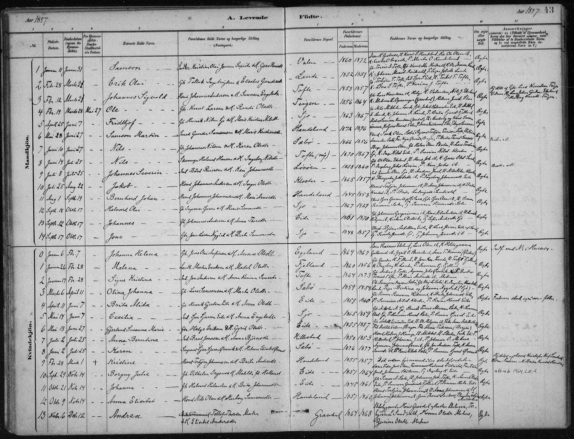 Fjelberg sokneprestembete, AV/SAB-A-75201/H/Haa: Ministerialbok nr. C  1, 1879-1918, s. 43