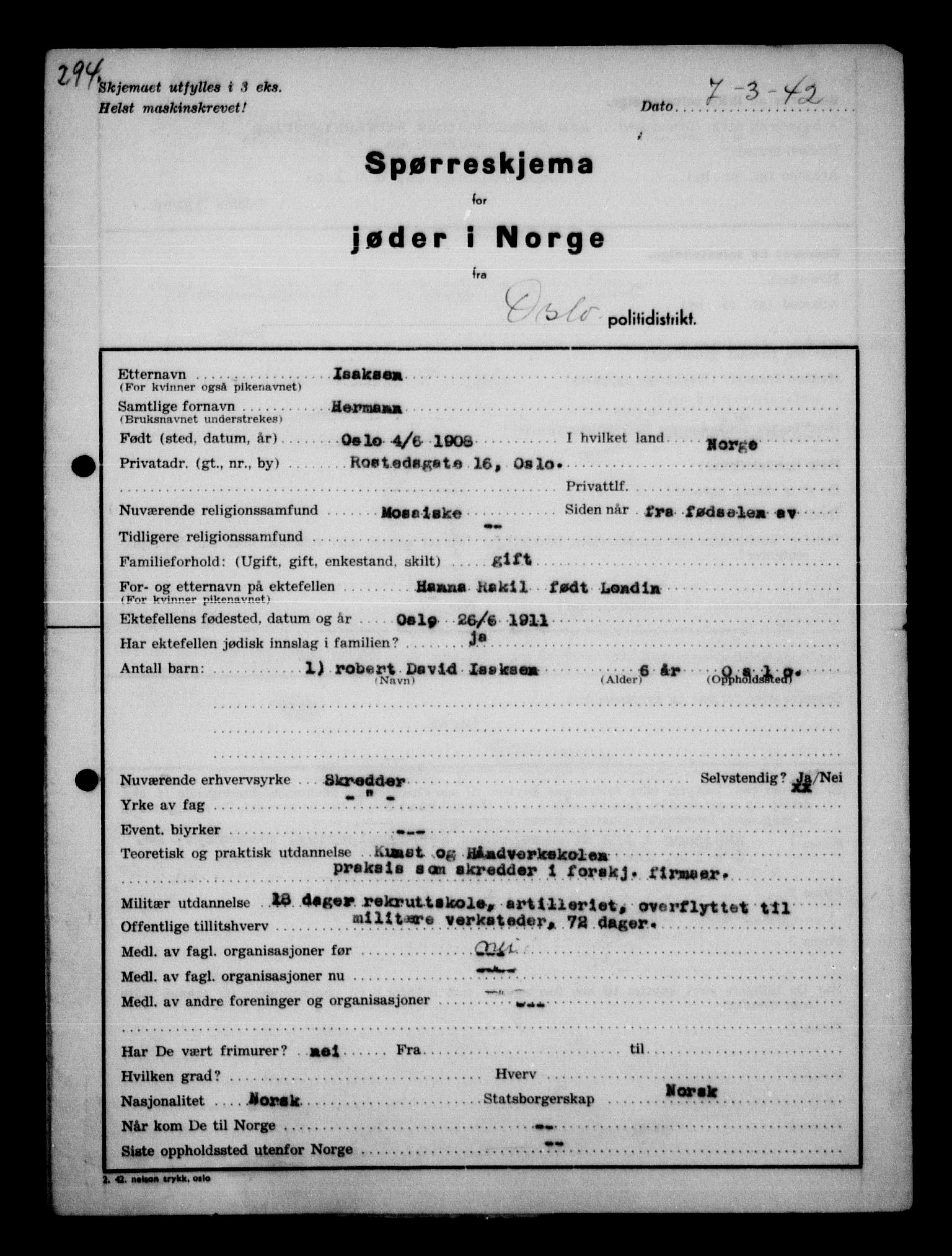 Statspolitiet - Hovedkontoret / Osloavdelingen, AV/RA-S-1329/G/Ga/L0010: Spørreskjema for jøder i Norge, Oslo Hansen-Pintzow, 1942, s. 96