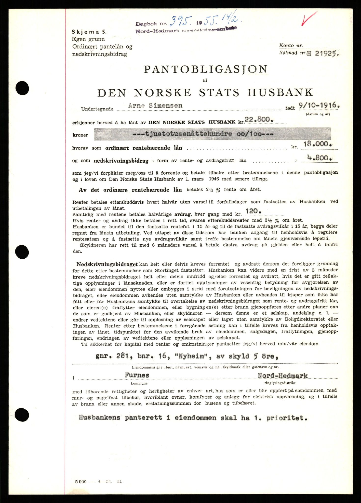 Nord-Hedmark sorenskriveri, SAH/TING-012/H/Hb/Hbf/L0032: Pantebok nr. B32, 1955-1955, Dagboknr: 395/1952