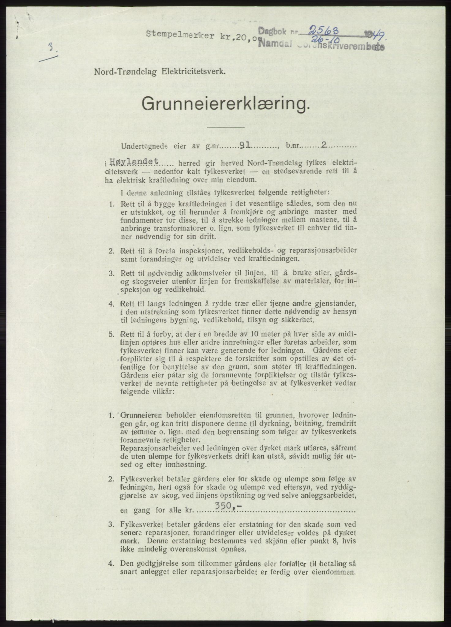Namdal sorenskriveri, SAT/A-4133/1/2/2C: Pantebok nr. -, 1949-1949, Dagboknr: 2563/1949