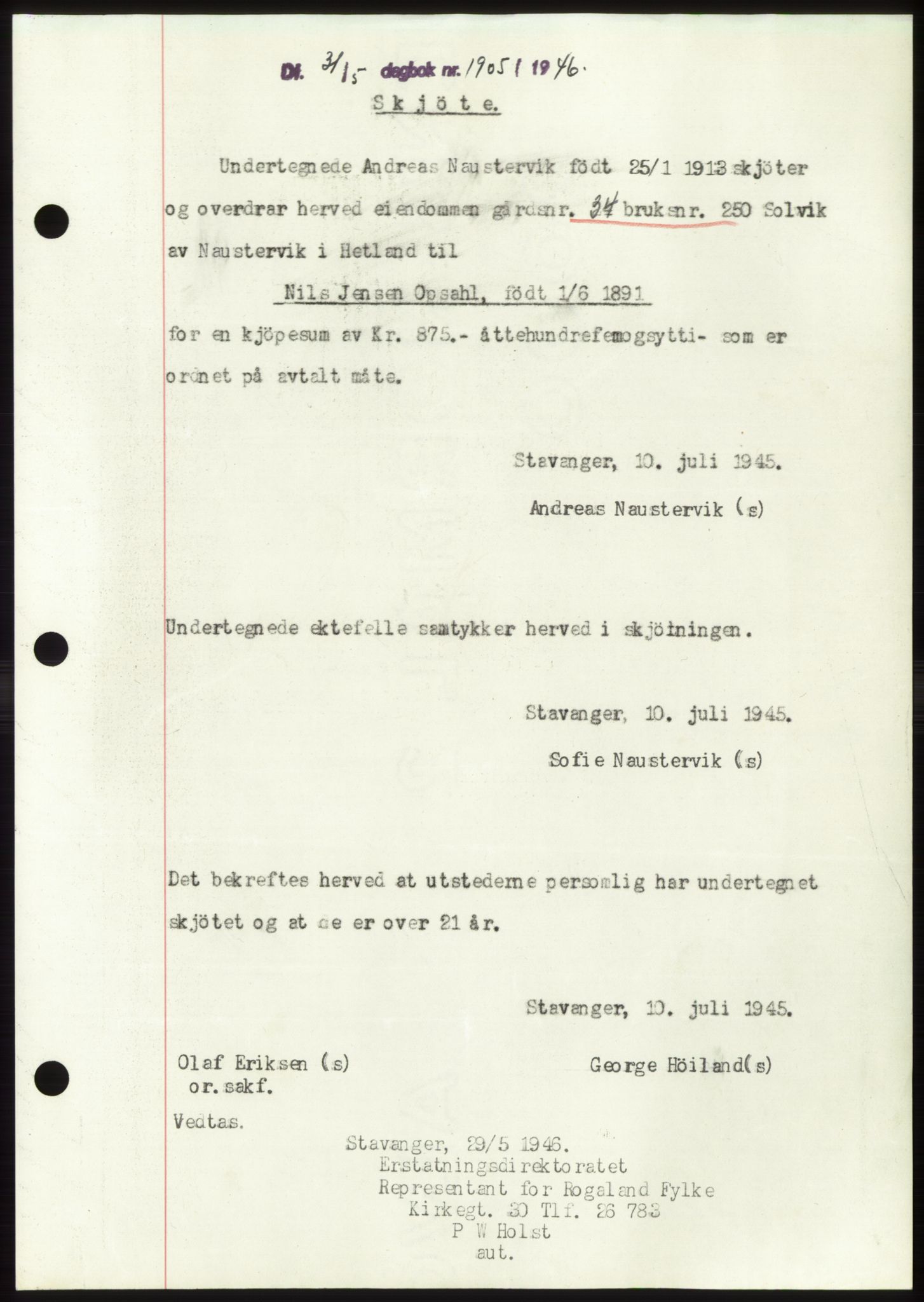 Jæren sorenskriveri, SAST/A-100310/03/G/Gba/L0090: Pantebok, 1946-1946, Dagboknr: 1905/1946